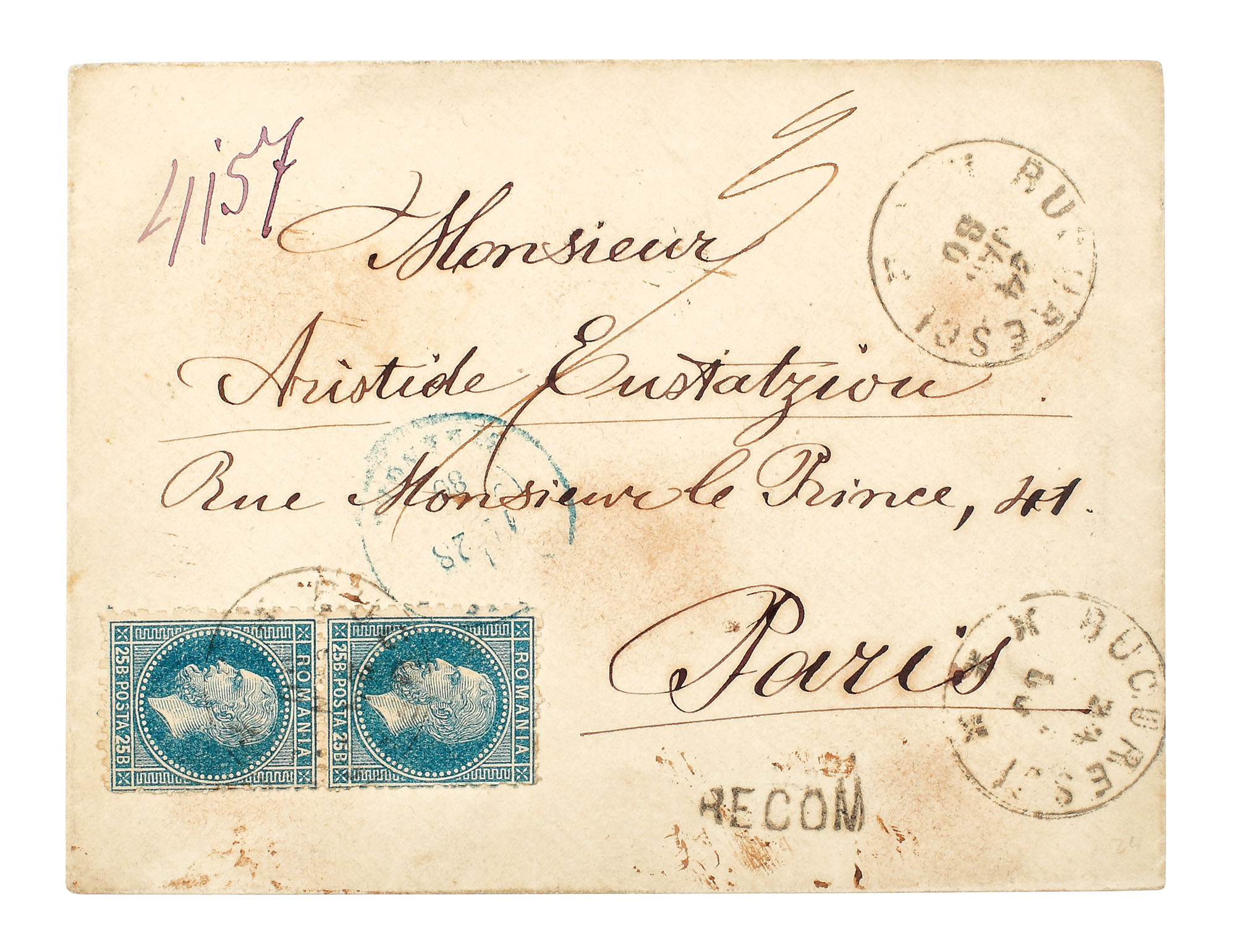 Plic francat cu două timbre "Emisiunea Bucureşti II" de 25 de bani fiecare, trimis de la Bucureşti la Paris, 24 ianuarie 1880