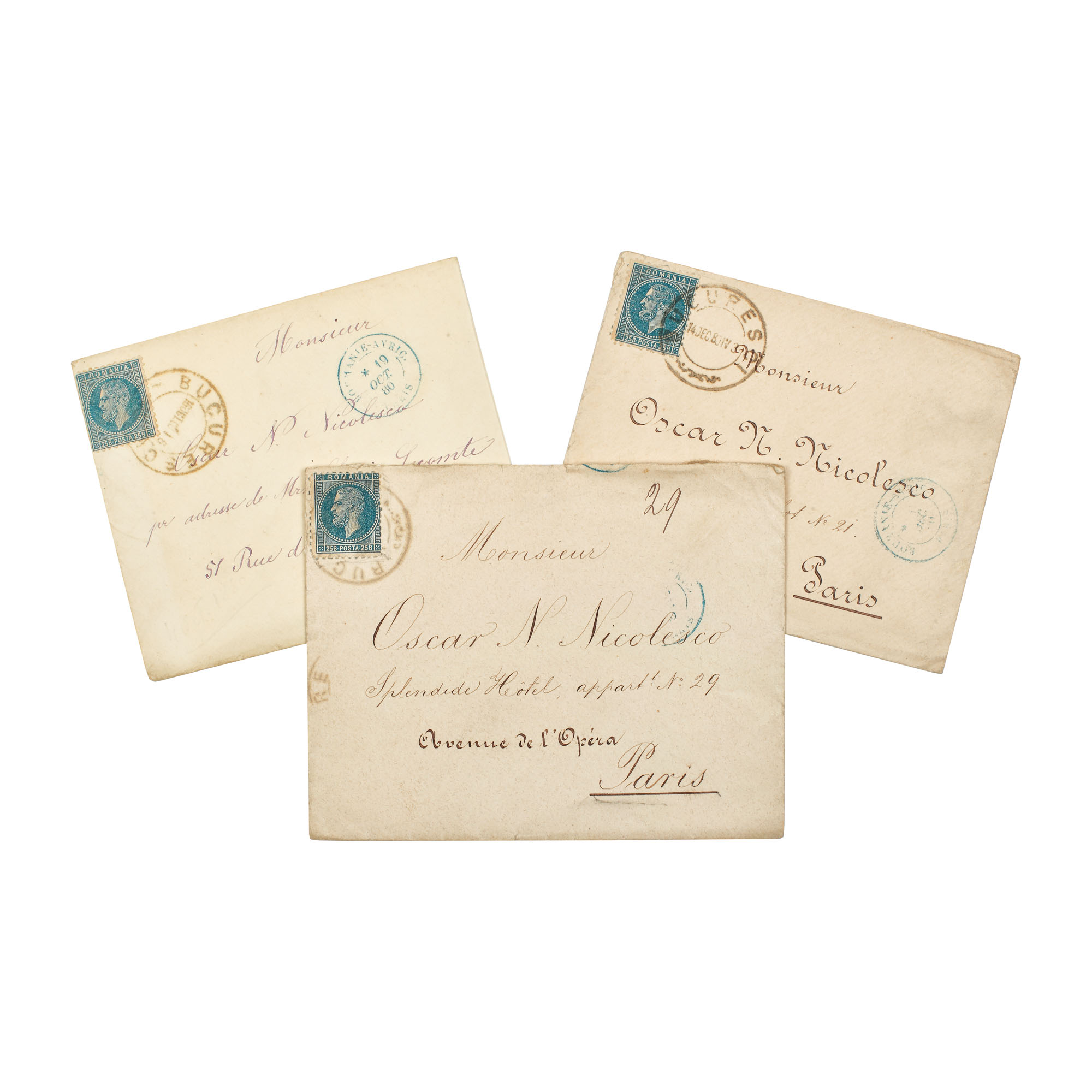 Three envelopes franked with three "Bucharest II Issue" stamps, 25 bani each, sent from Bucharest to Paris, 1880