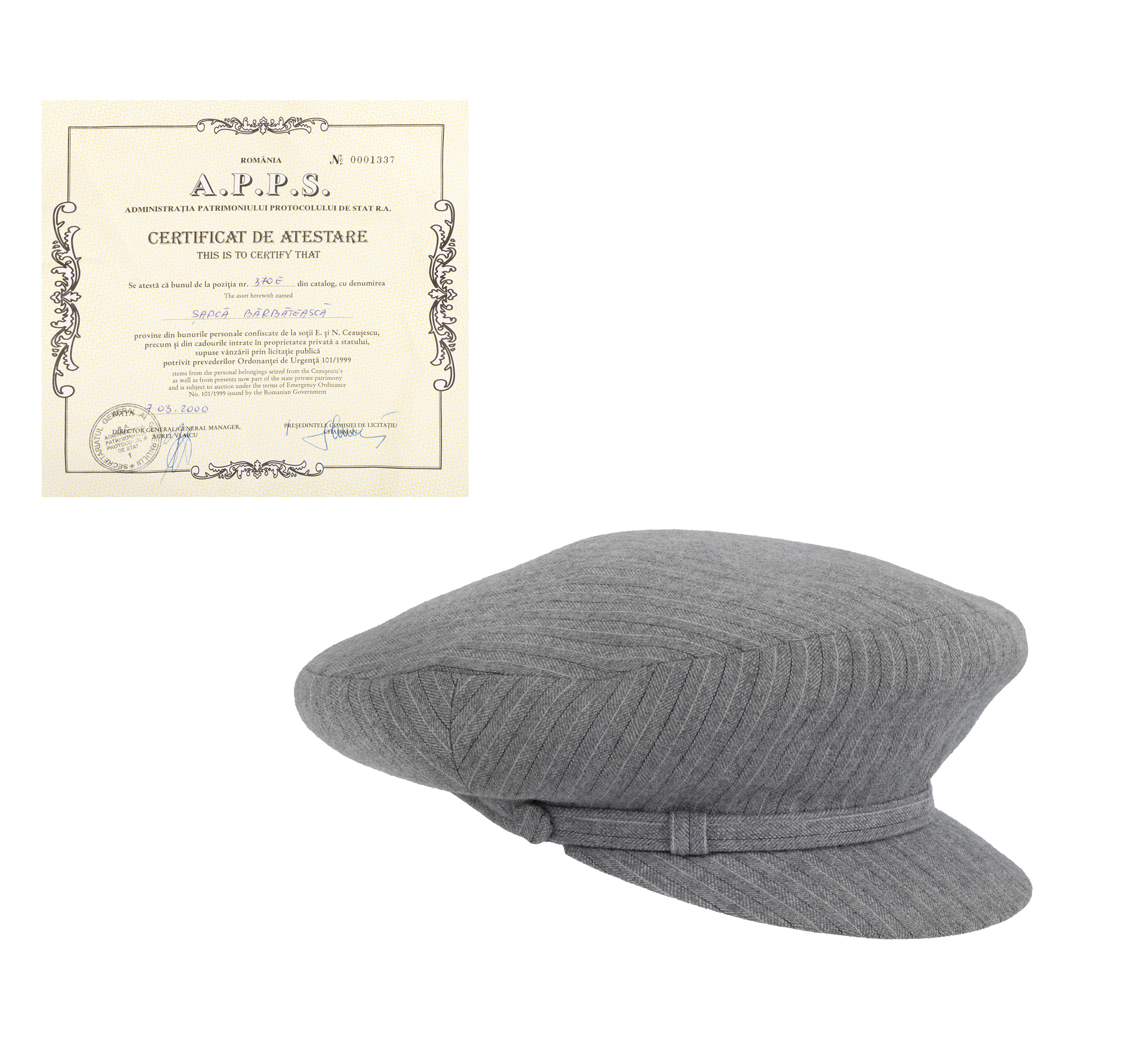 Elegantă șapcă bărbătească din bumbac reiat, a aparținut lui Nicolae Ceaușescu (probabil produsă special), cca. 1977, însoțită de certificat R.A.P.P.S., piesă foarte rară