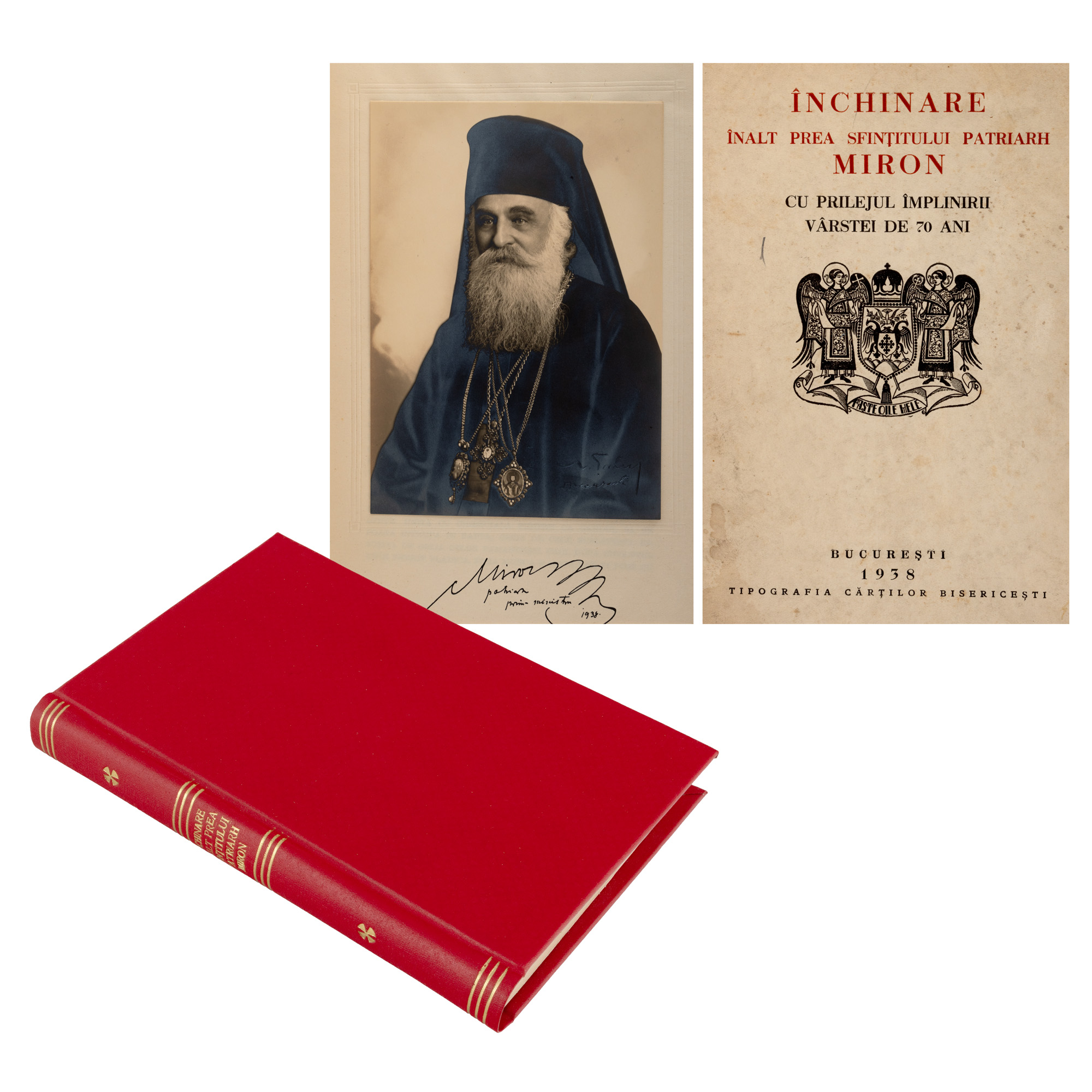 "Dedication to the highly holy patriarch Miron on the occasion of his 70th birthday", Bucharest, 1935, with the original photograph and holograph signature of the patriarch, collection piece