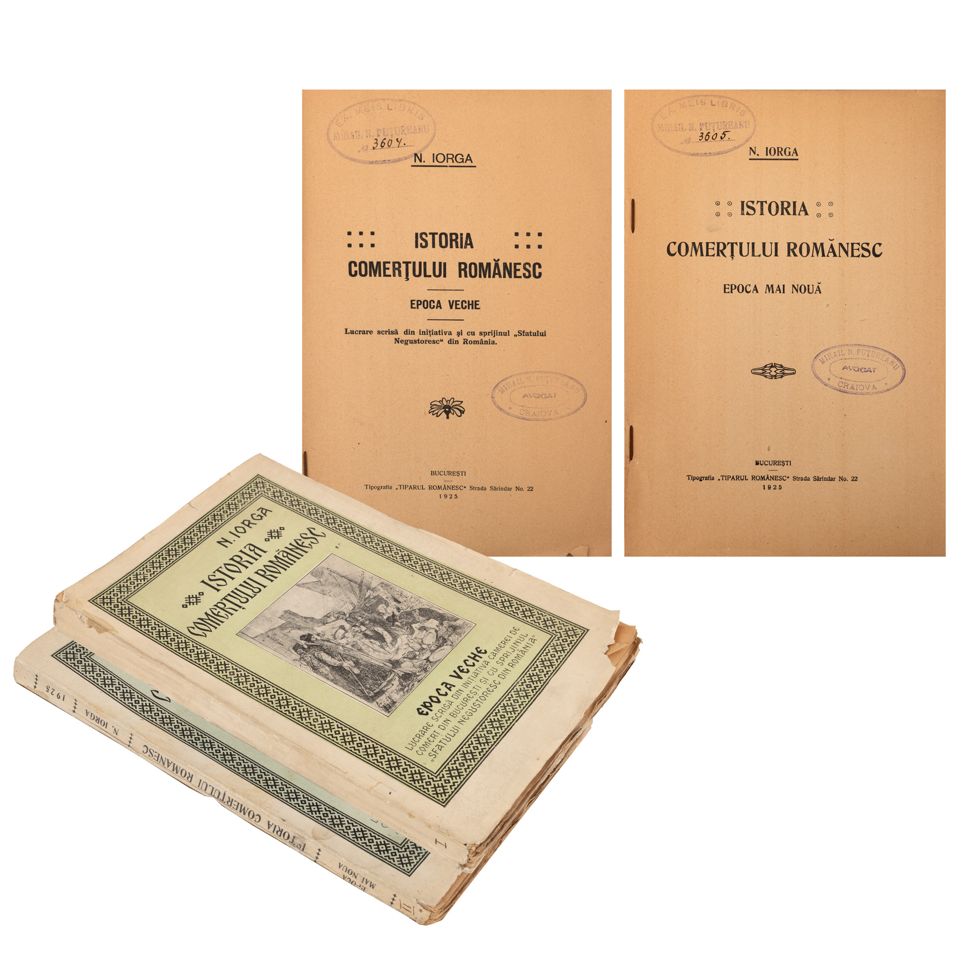 ”Istoria comerțului românesc”, de Nicolae Iorga, două volume, București, 1925, cu ex-libris