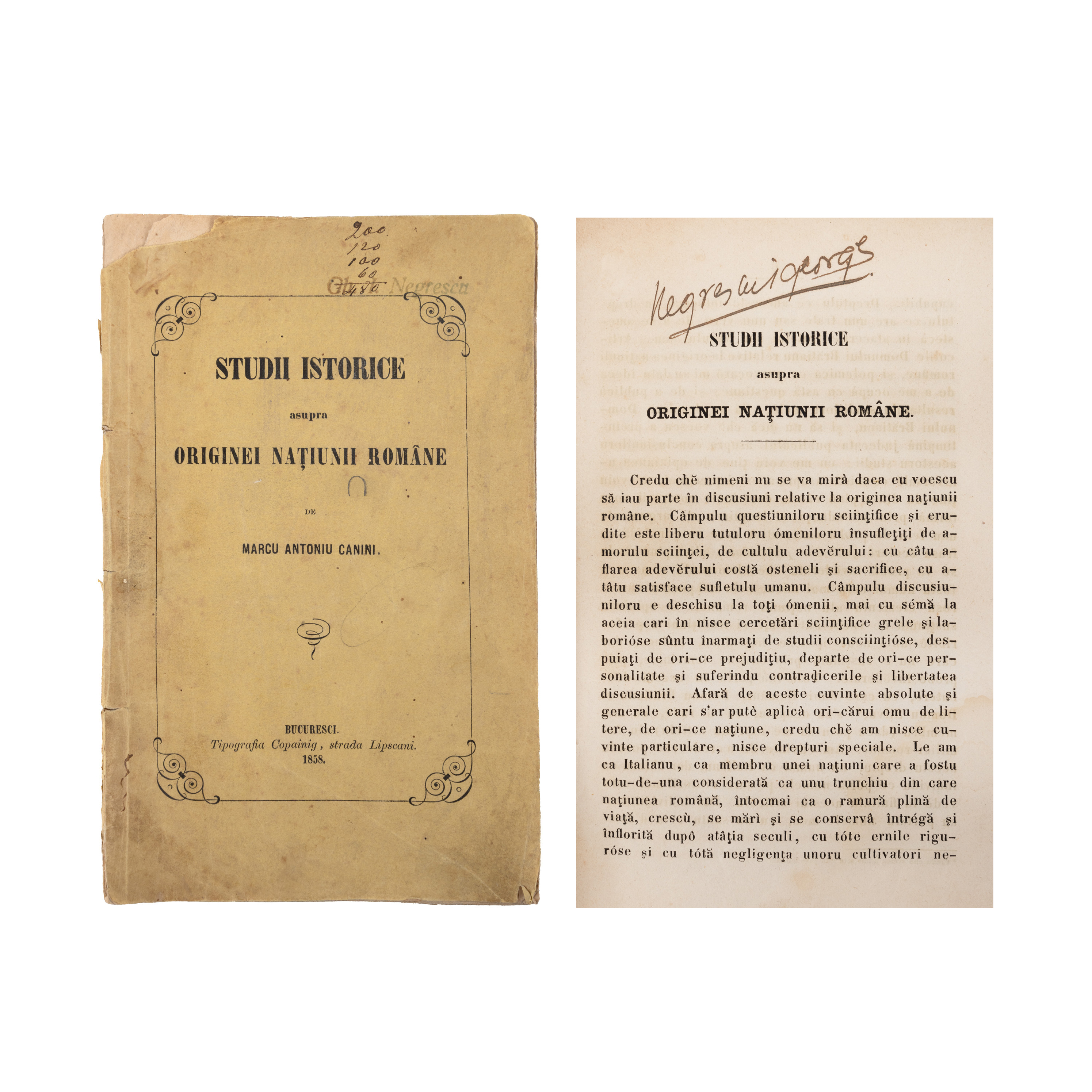 "Historical Studies on the Origin of the Romanian Nation" by Marcu Antoniu Canini, Bucharest, 1858, with ex-libris