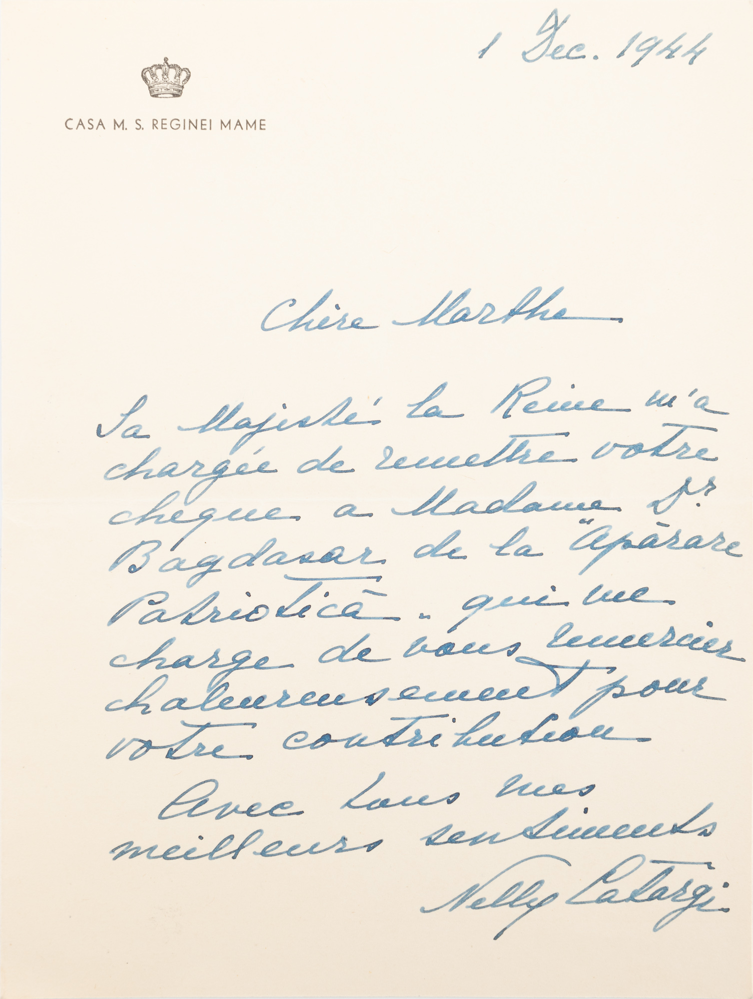 Scrisoare trimisă de Nelly Catargi către Martha Bibescu, 1 decembrie 1944