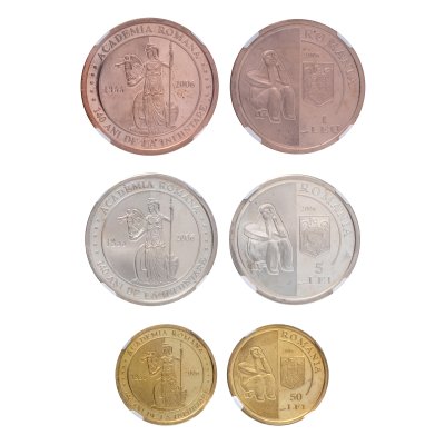 Commemorative BNR set, 140 years since the establishment of the Romanian Academy, gold, silver and tombac, extremely rare pieces, a mintage of only 35 sets, graded NGC PF 67 Ultra Cameo