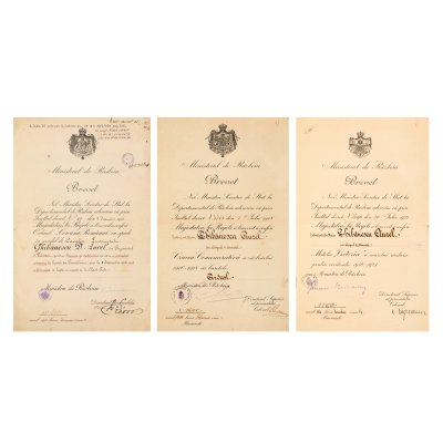 Lot format din trei brevete acordate de Ministerul de Război, aparținând ofițerului Aurel Ghibănescu, 1918-1926