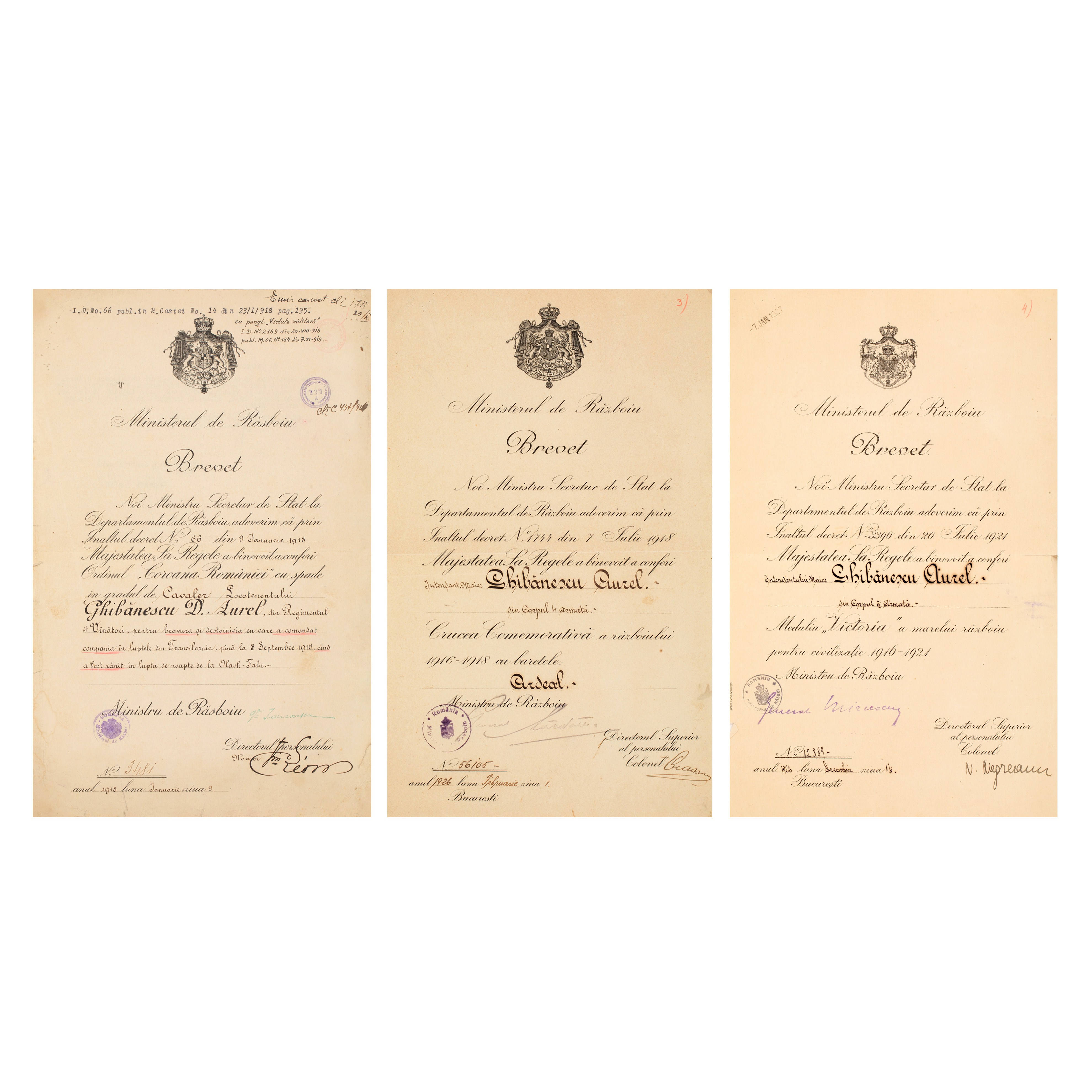 Lot format din trei brevete acordate de Ministerul de Război, aparținând ofițerului Aurel Ghibănescu, 1918-1926