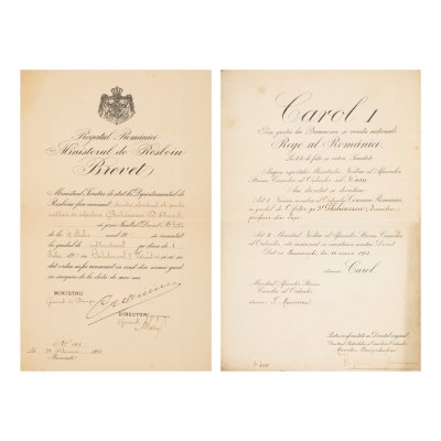 Lot format din două brevete de înaintare în grad și decorare, 1910-1913, cu semnături olografe