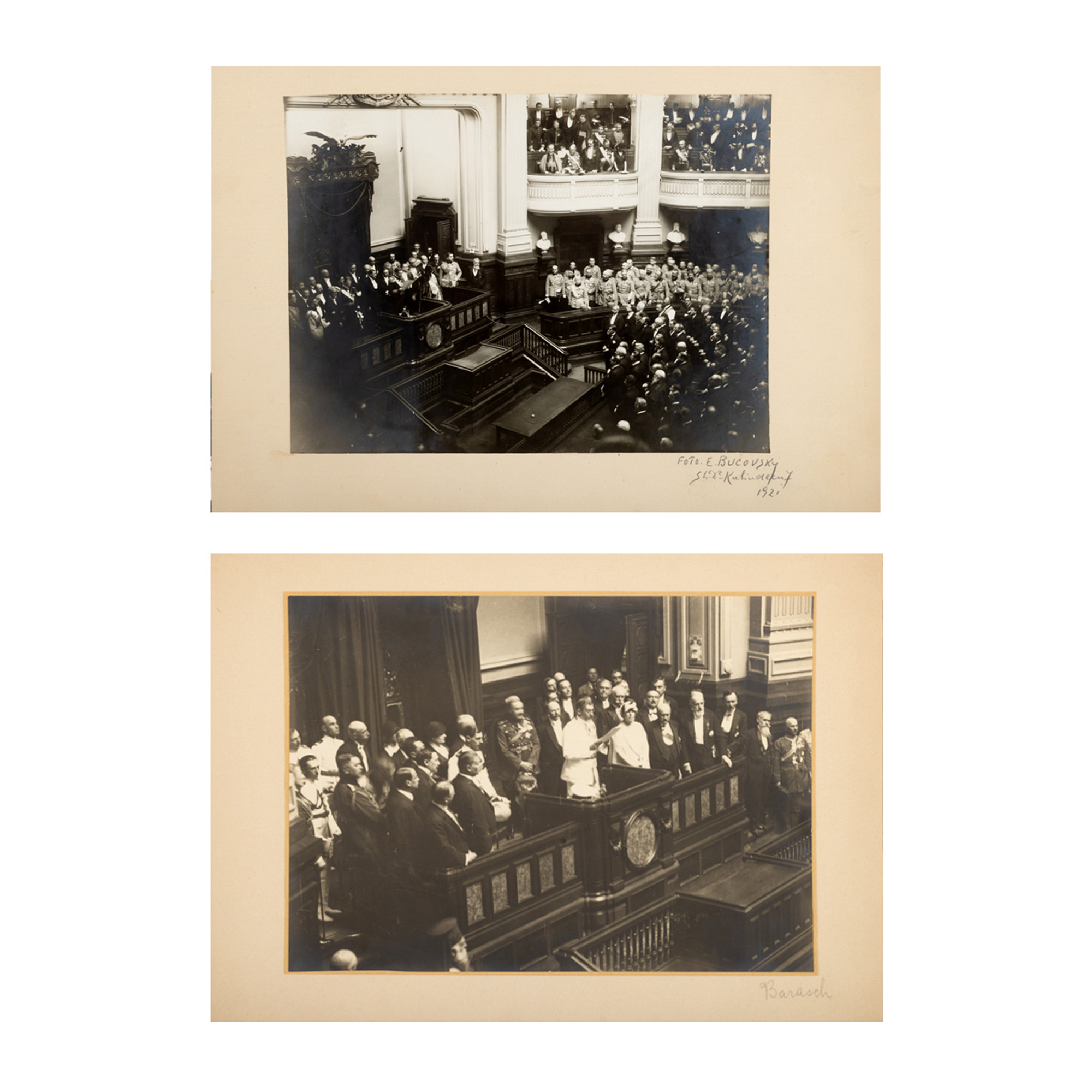Lot format din două fotografii ilustrându-l pe Regele Ferdinand citind mesajul Tronului la deschiderea lucrărilor Parlamentului, ateliere E. Bucovsky și Carol Barasch, București, 1921-1922, provin din colecția familiei fostului Prim-ministru al României, Petru Groza