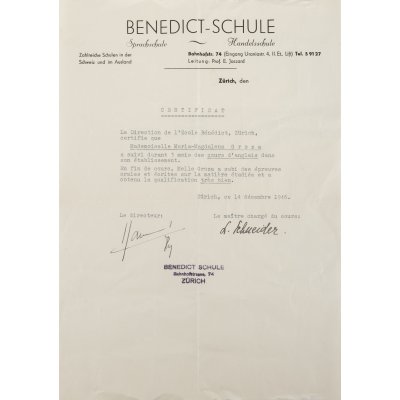 Certificate of studies of Petru Groza's daughter, Maria Magdalena Groza, 1946, comes from the collection of the family of the former Prime Minister of Romania, Petru Groza.
