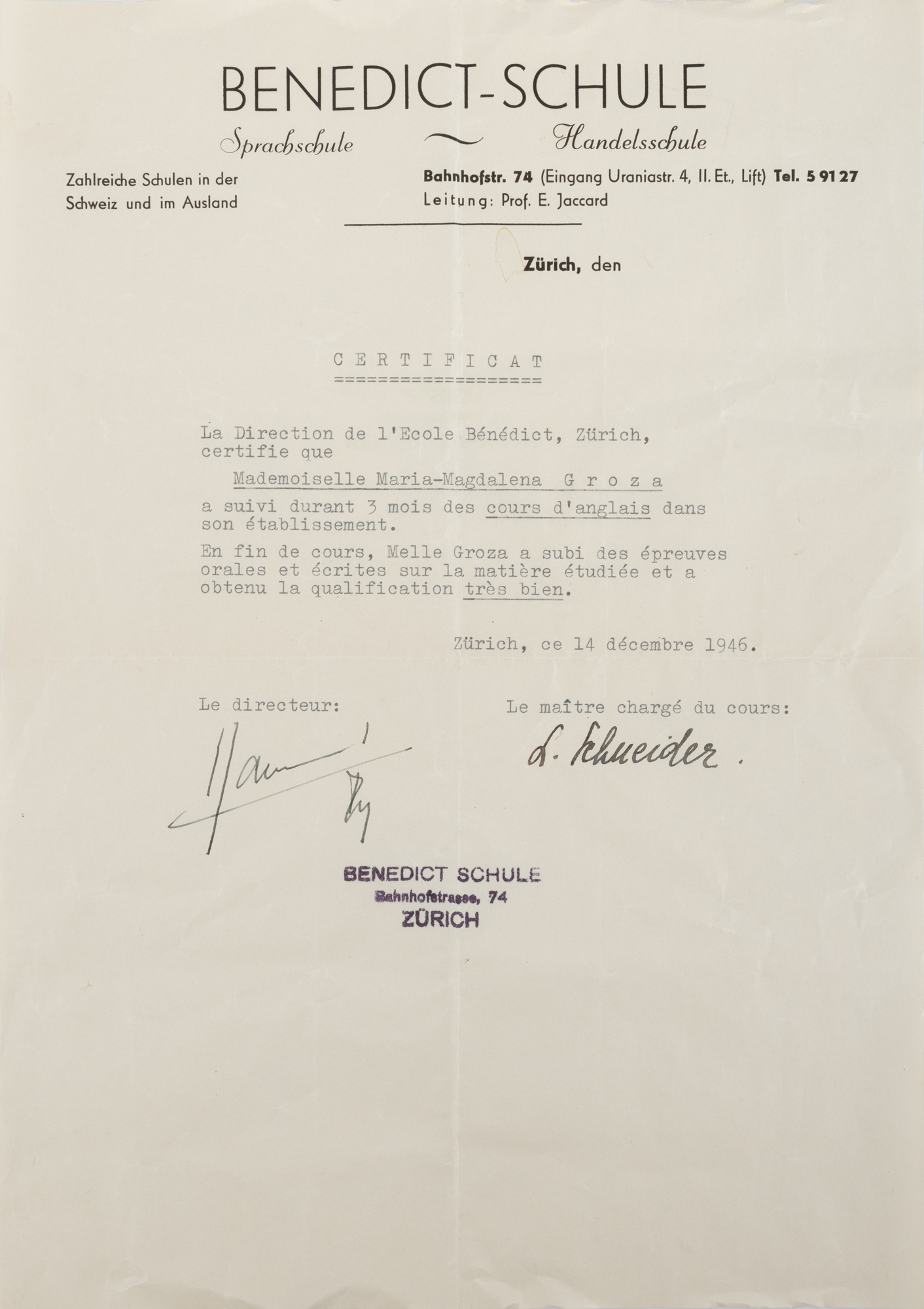 Certificat de studii al fiicei lui Petru Groza, Maria Magdalena Groza, 1946, provine din colecția familiei fostului Prim-ministru al României, Petru Groza