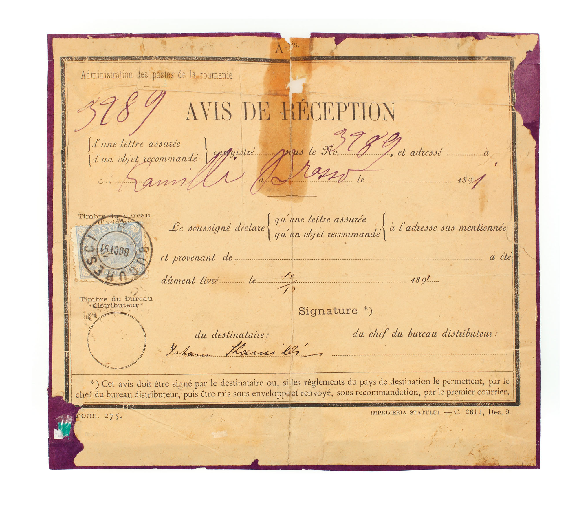 Acknowledgment of receipt franked with a "Carol - value in four corners" 25 bani stamp, 1890