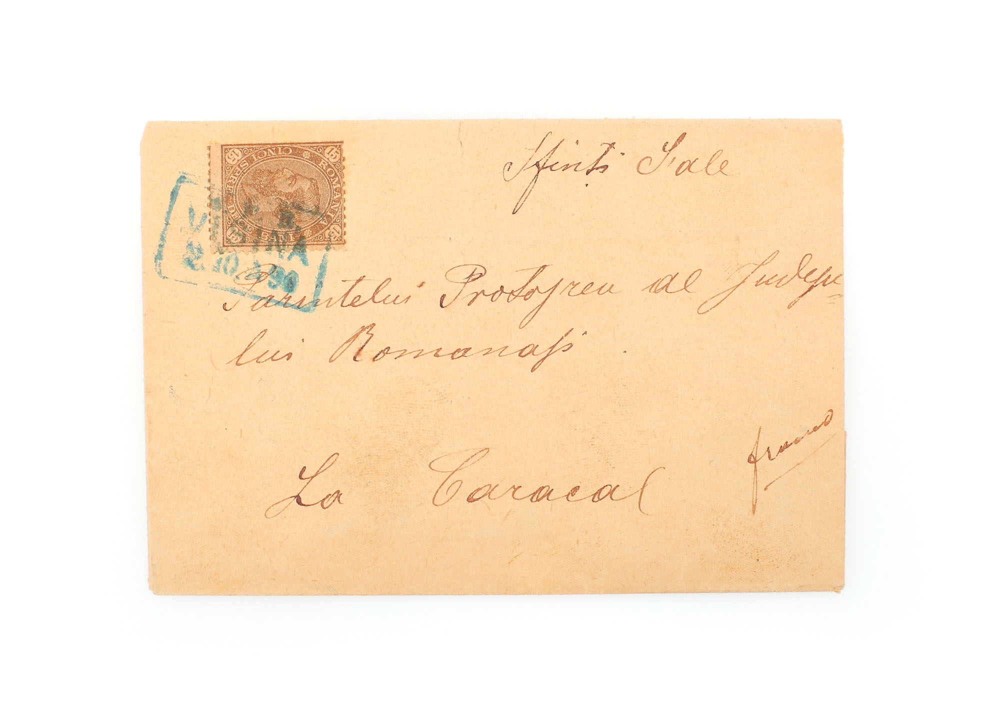 Envelope franked with a "Carol - value in four corners" 15 bani stamp, sent from Vişina to Caracal, 2 October 1890