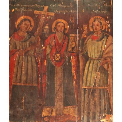 Icoană împărătească pe lemn, "Sfânta Magdalena, Sfântul Haralambie şi Sfânta Varvara", școală transilvăneană, prima jumătate a sec. XIX