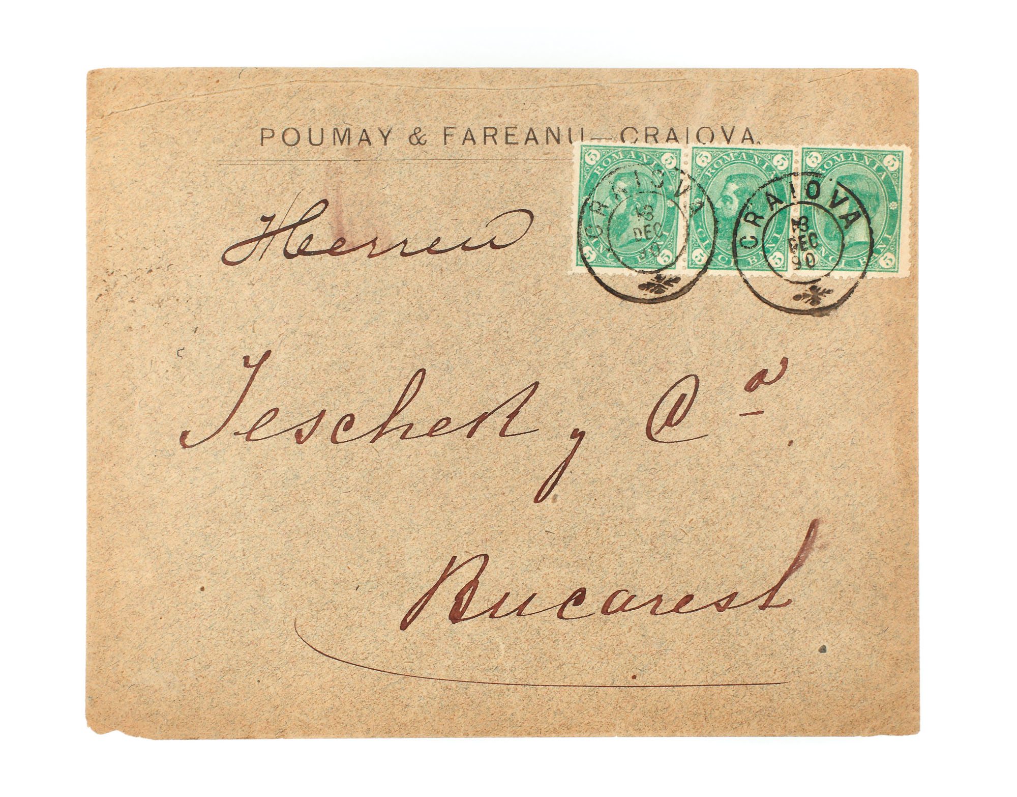 Envelope franked with three "Carol - value in four corners" 5 bani stamps, sent from Craiova to Bucharest, 13 December 1890