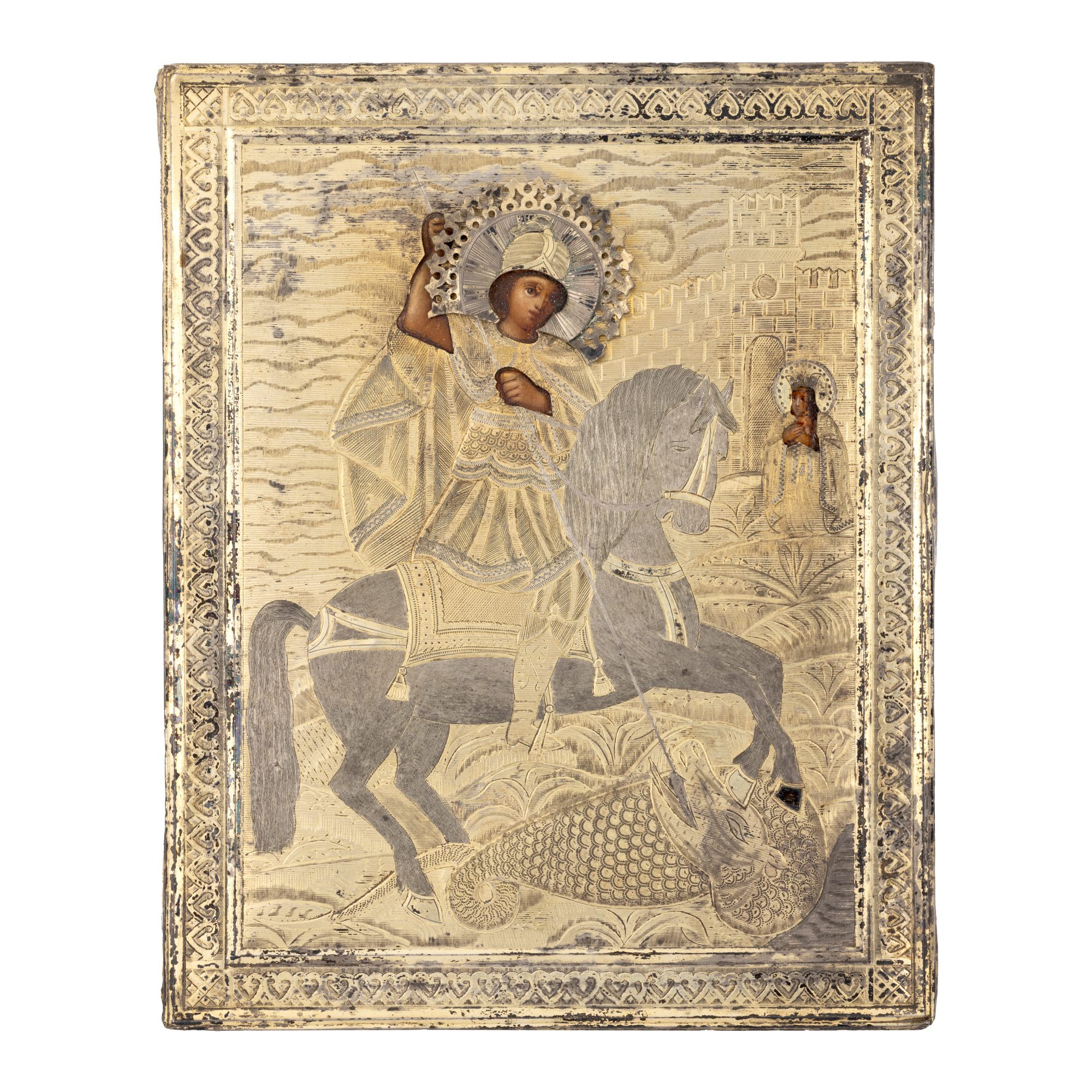 Icoană pe lemn, cu ferecătură din argint aurit, ”Sfântul Gheorghe omorând balaurul”, școală rusească, 1890-1908