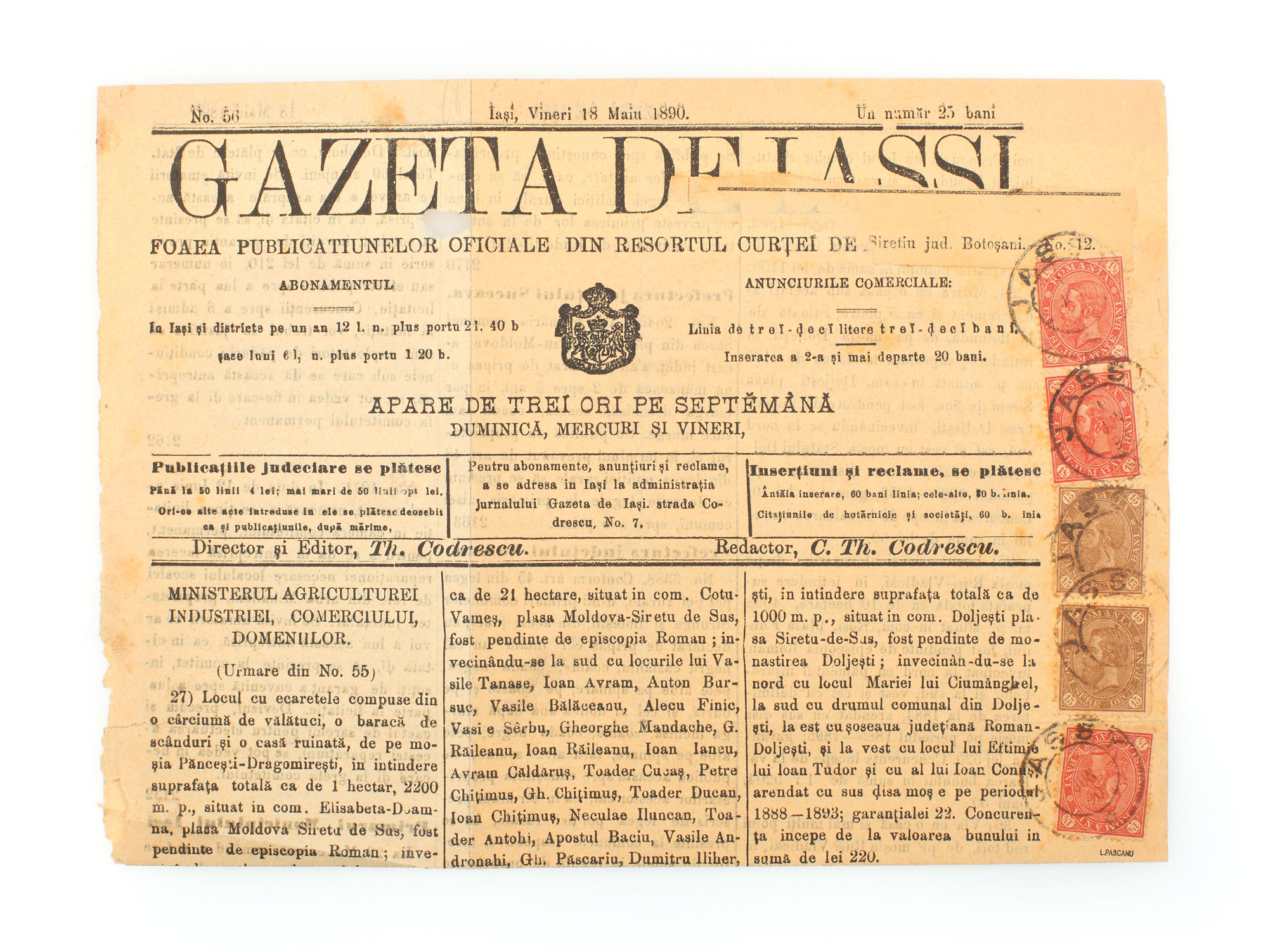 Fragment de ziar "Gazeta de Iaşi", francat cu 5 timbre "Carol - cifra în patru colţuri", de 1,5 şi 15 bani, 18 mai 1890
