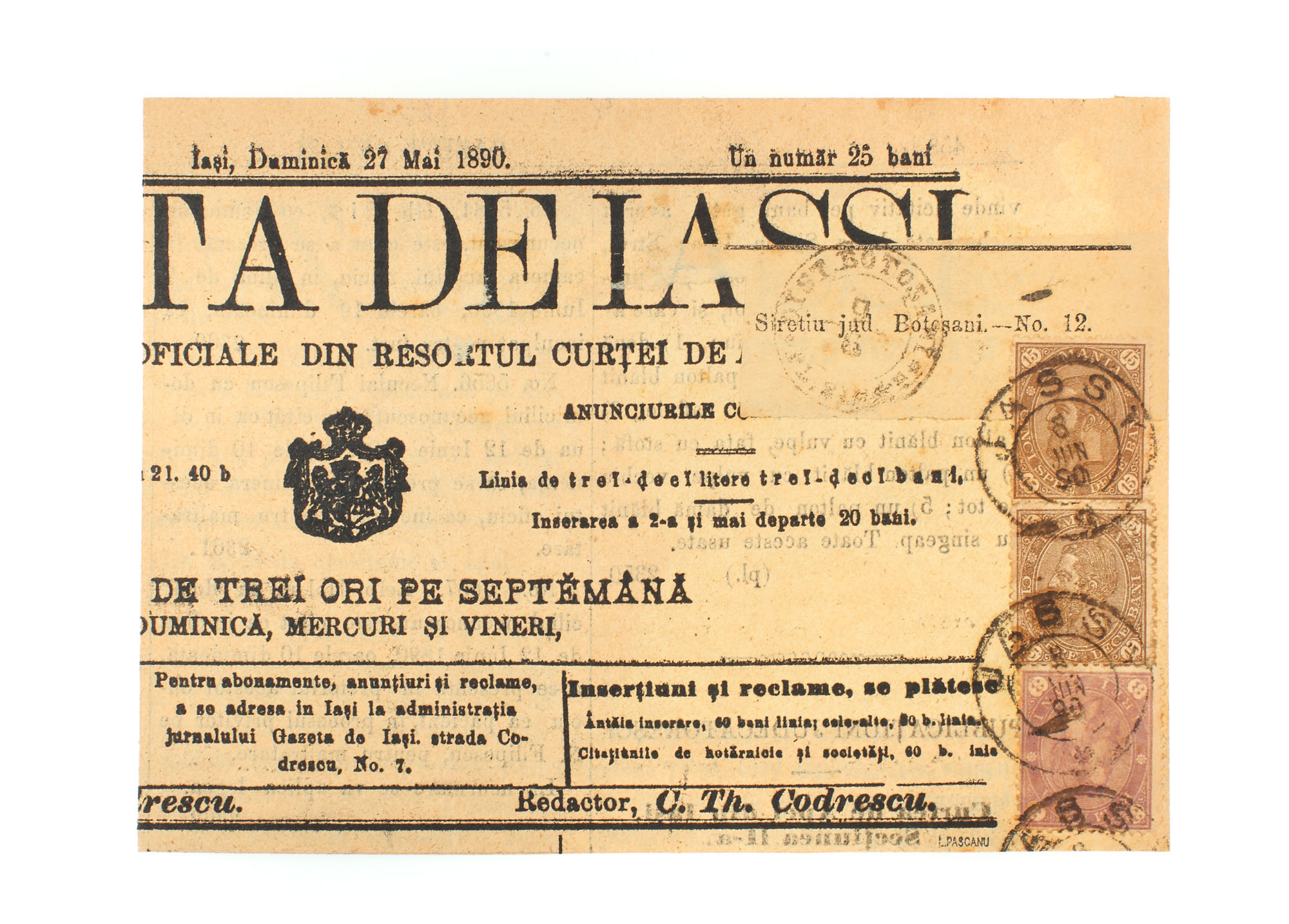 Fragment of "Gazeta de Iaşi" newspaper, franked with three "Carol - value in four corners" stamps, of 3 and 15 bani, 27 May 1890
