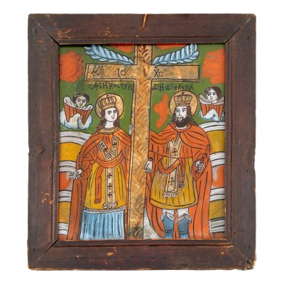 Icoană pe glajă, "Sfinții Împărați Constantin și Elena", atelier din Șcheii Brașovului, a doua jumătate a sec. XIX, provine din din colecția compozitorului german Rudolf Ewerhart