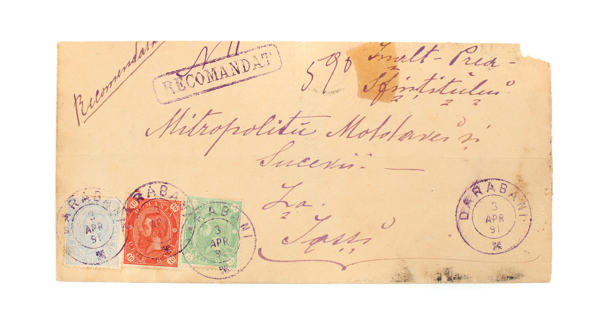 Envelope franked with three "Carol - value in four corners" stamps, 5, 10 and 25 bani, sent from Darabani to Iaşi, 3 April 1891