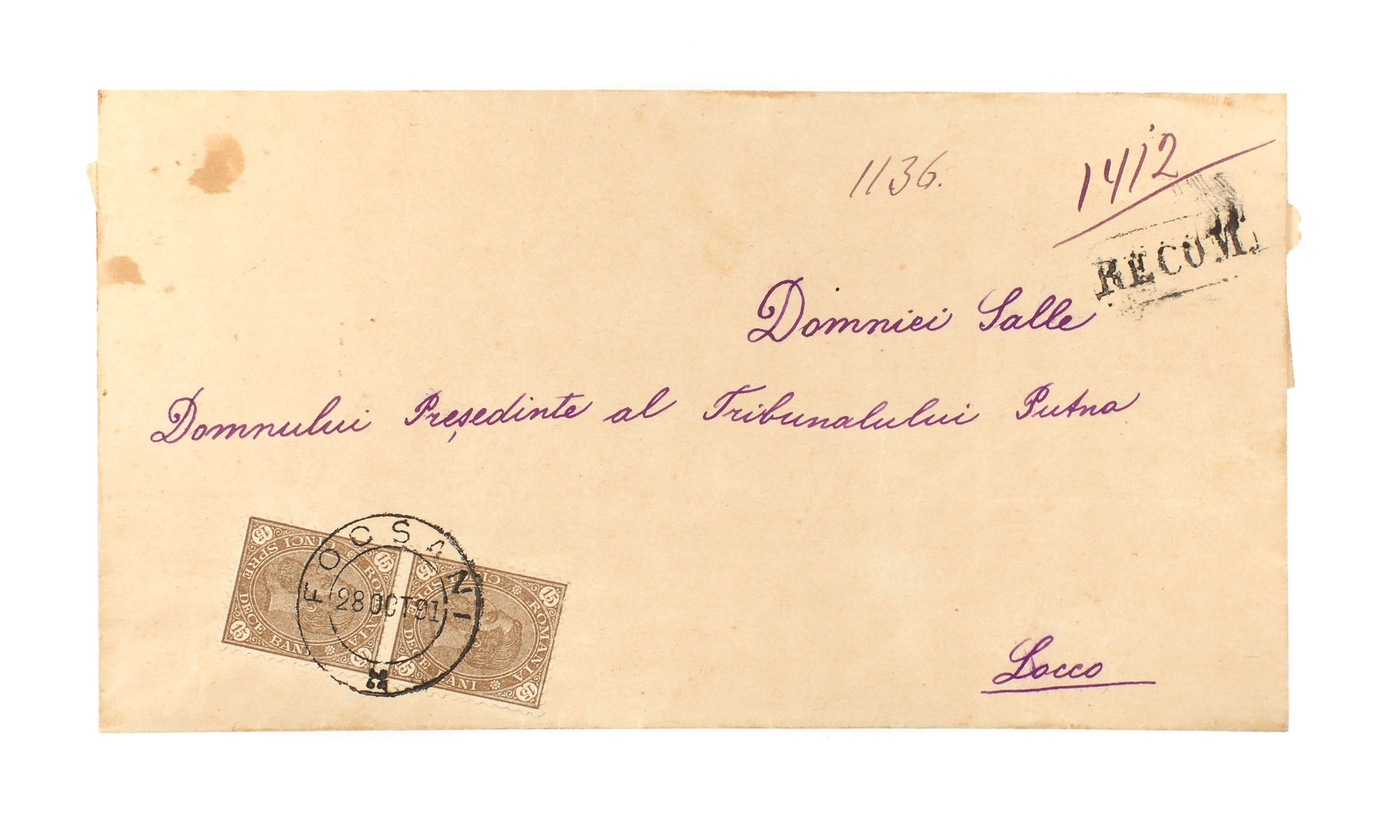 Envelope franked with two "Carol - value in four corners" stamps, 15 bani each, sent from Focşani to Putna, 28 October 1891