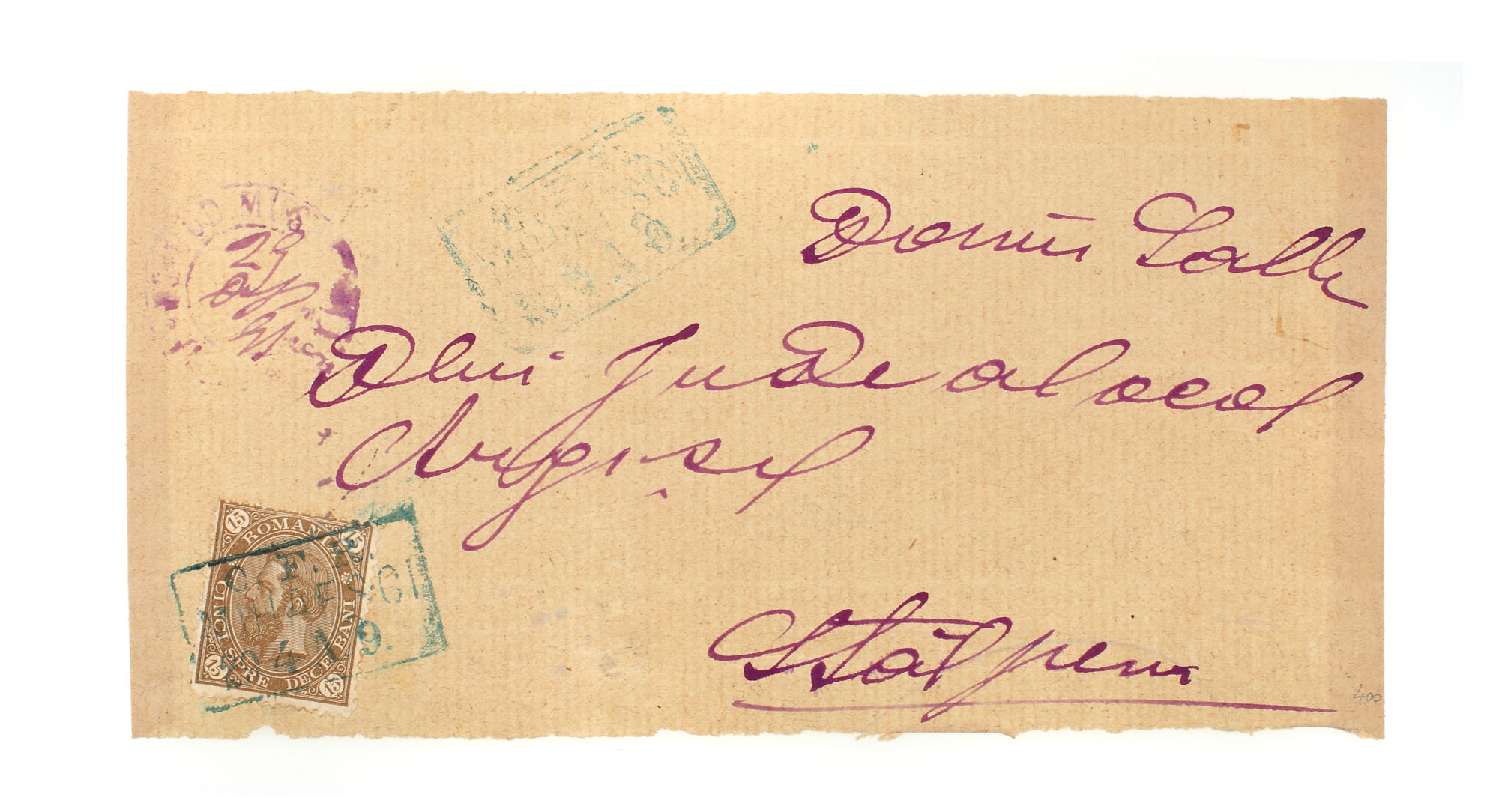 Envelope franked with a "Carol - value in four corners" 15 bani stamp, sent from Mihăeşti 