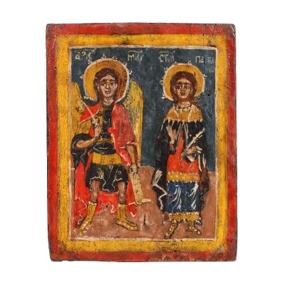 Icon on wood, "Saint Archangel Michael and Saint Panteleimon", post-Brancovan school, probably workshop from Banat, end of the 18th century