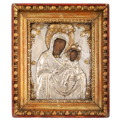 Icoană pe lemn, cu ferecătură din argint, ”Maica Domnului cu Pruncul-Doamna Îngerilor”, școală românească, începutul sec. XIX