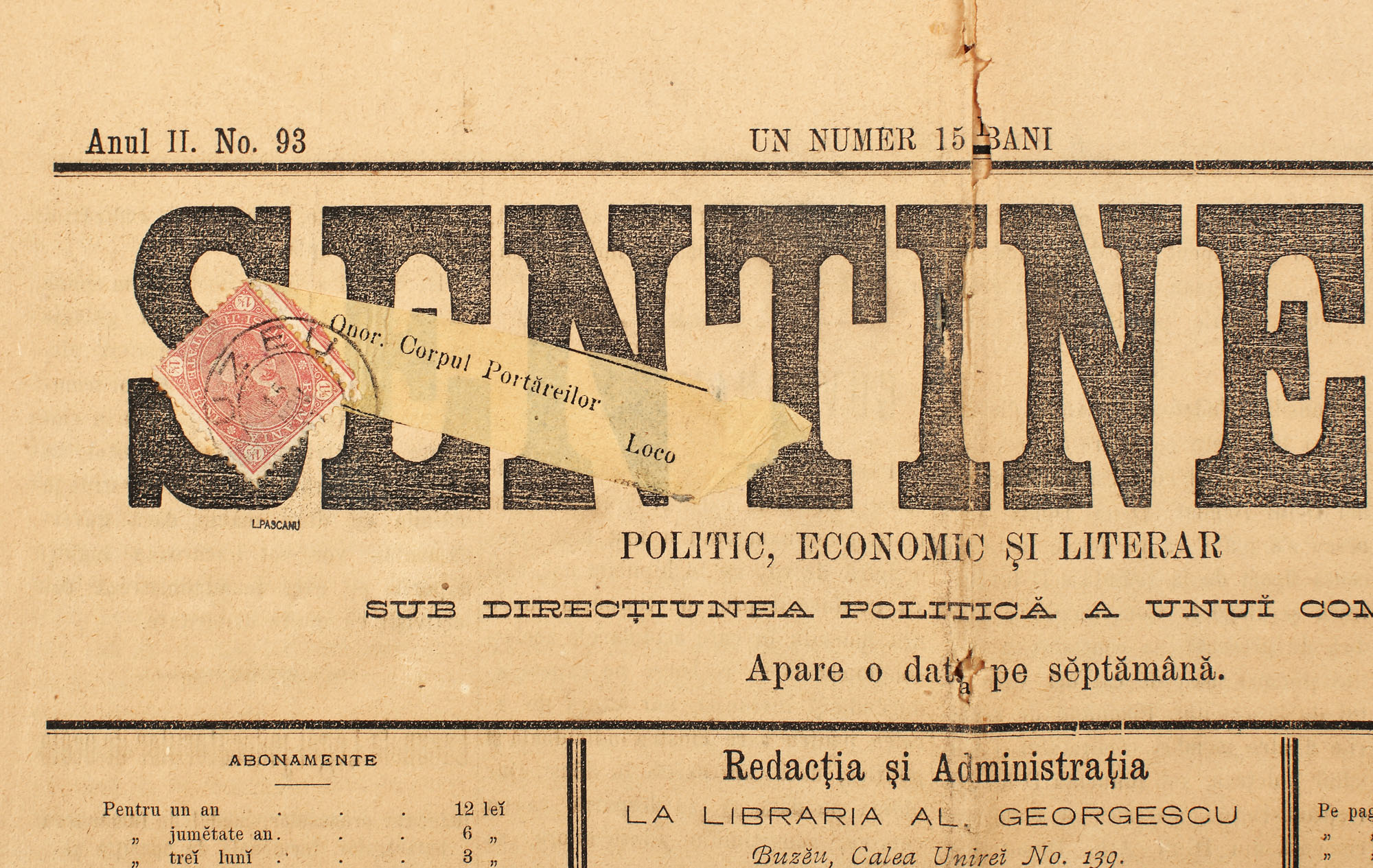 "Sentinela" newspaper franked with a "Carol - value in four corners" 1.5 bani stamp, 3 November 1891