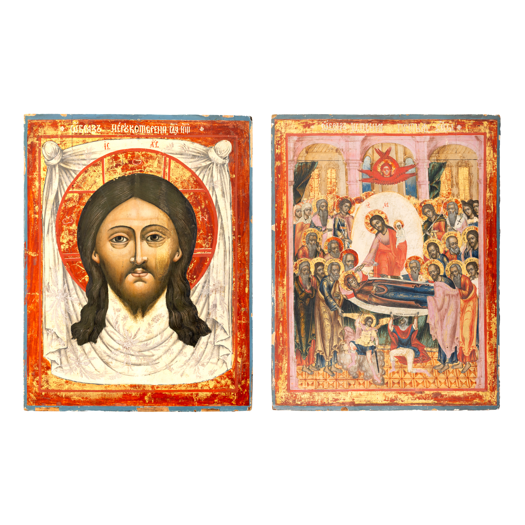 Icoană dublă prăznicar, ”Sfântul Mandilion” și ”Adormirea Maicii Domnului”, școală rusească, sec. XIX, piesă rară, de colecție