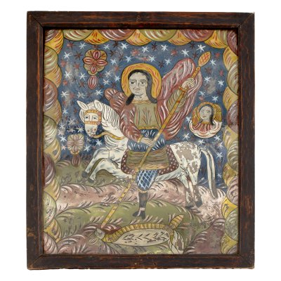 Icon on glass, "Saint George Killing the Dragon", attributed to painter Ana Deji, Făgăraș, end of the 19th century.