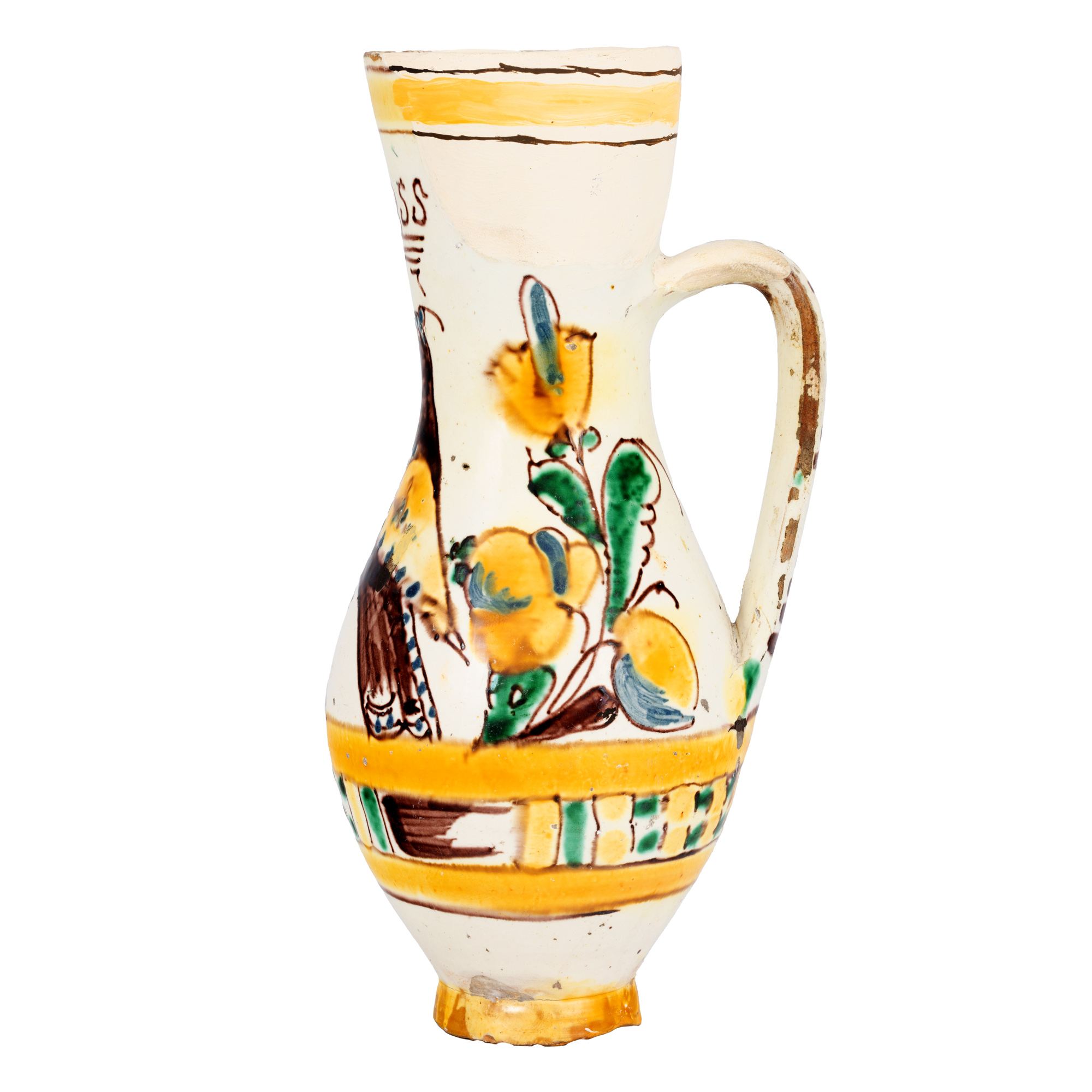 Ceramic pot, decorated with peacock and bouquets of flowers, Bistrita, dated 1855, rare piece