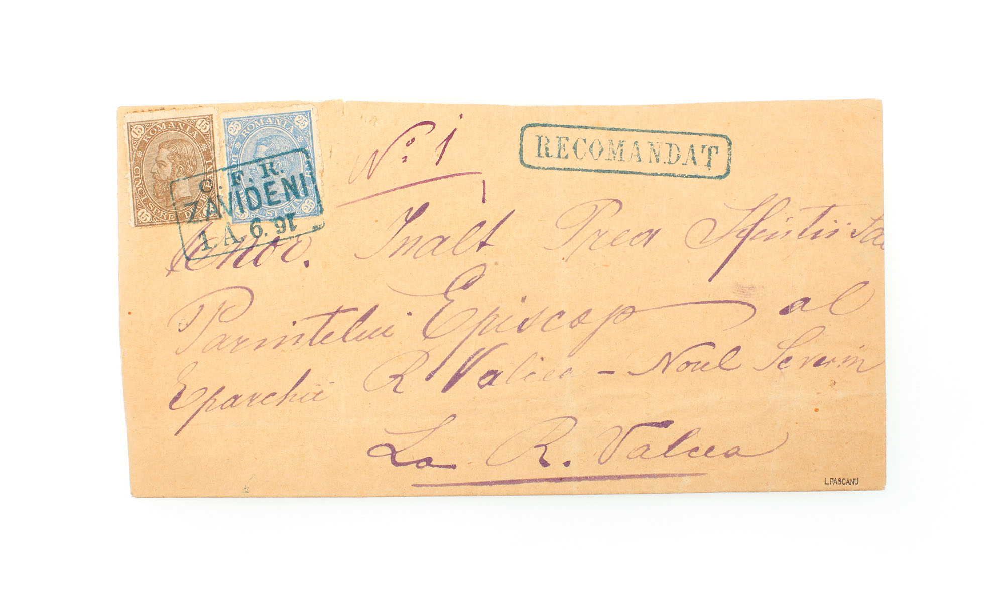 Envelope franked with two "Carol - value in four corners" stamps, 15 and 25 bani, sent from Zăvideni to Râmnicu Vâlcea, 1 June 1891