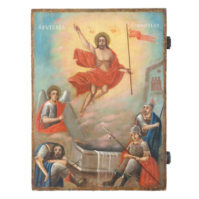 Icoană pe lemn, ”Învierea Domnului”, semnată C. Popescu, 18[95], piesă de colecție