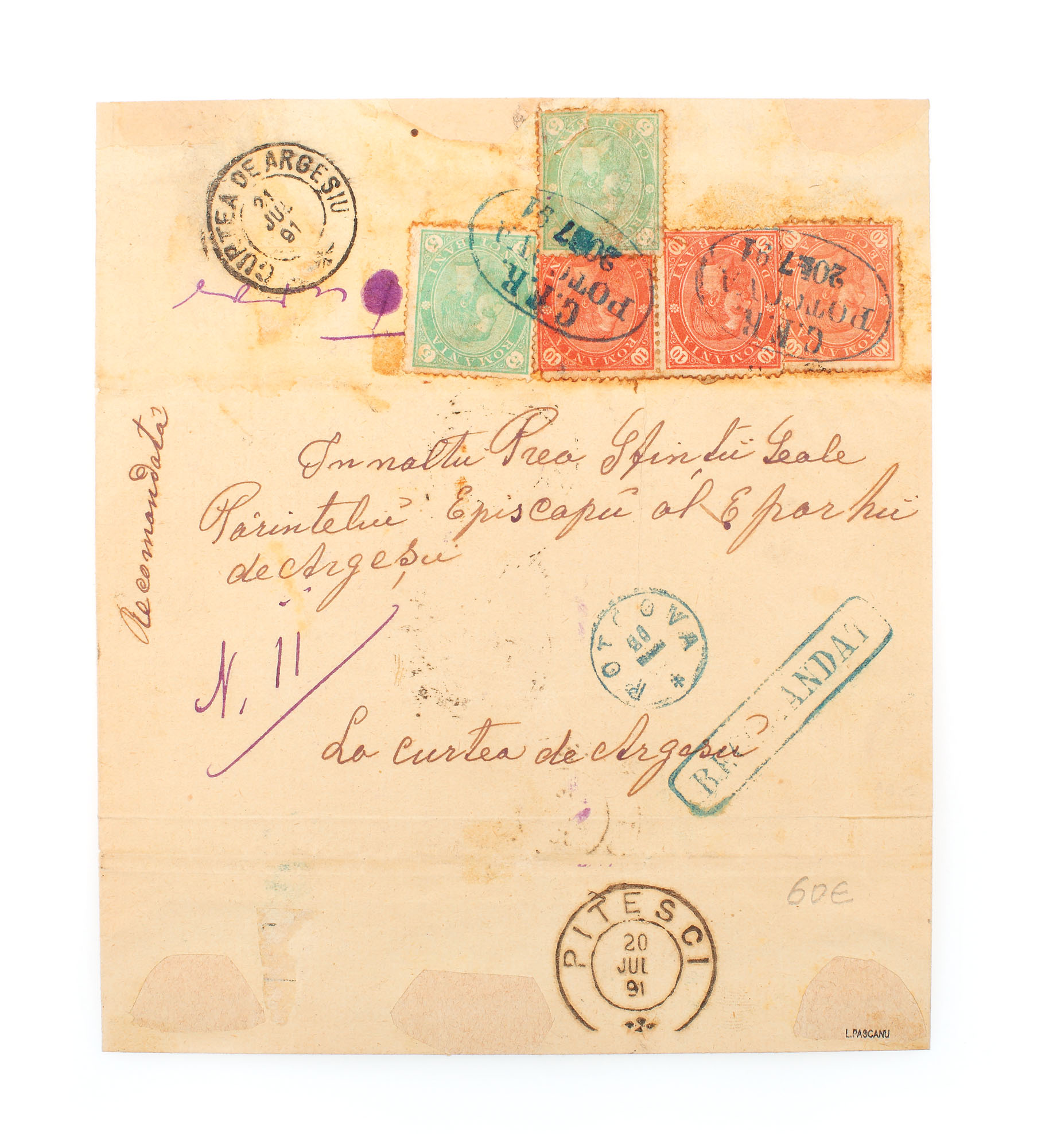Envelope franked with five "Carol - value in four corners" stamps, 5 and 10 bani, sent from Potcoava to Curtea de Argeş, 20 July 1891