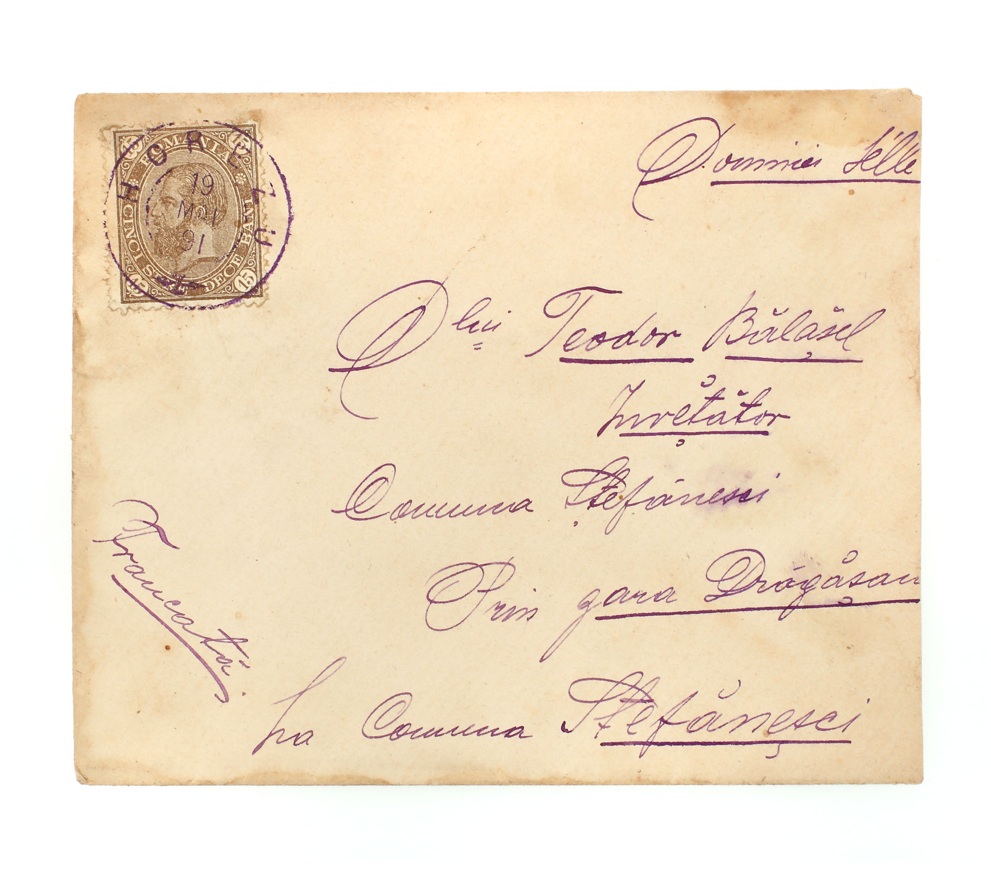 Plic francat cu timbru "Carol - cifra în patru colţuri", de 15 bani, trimis de la Horezu la Ştefăneşti, 19 mai 1891