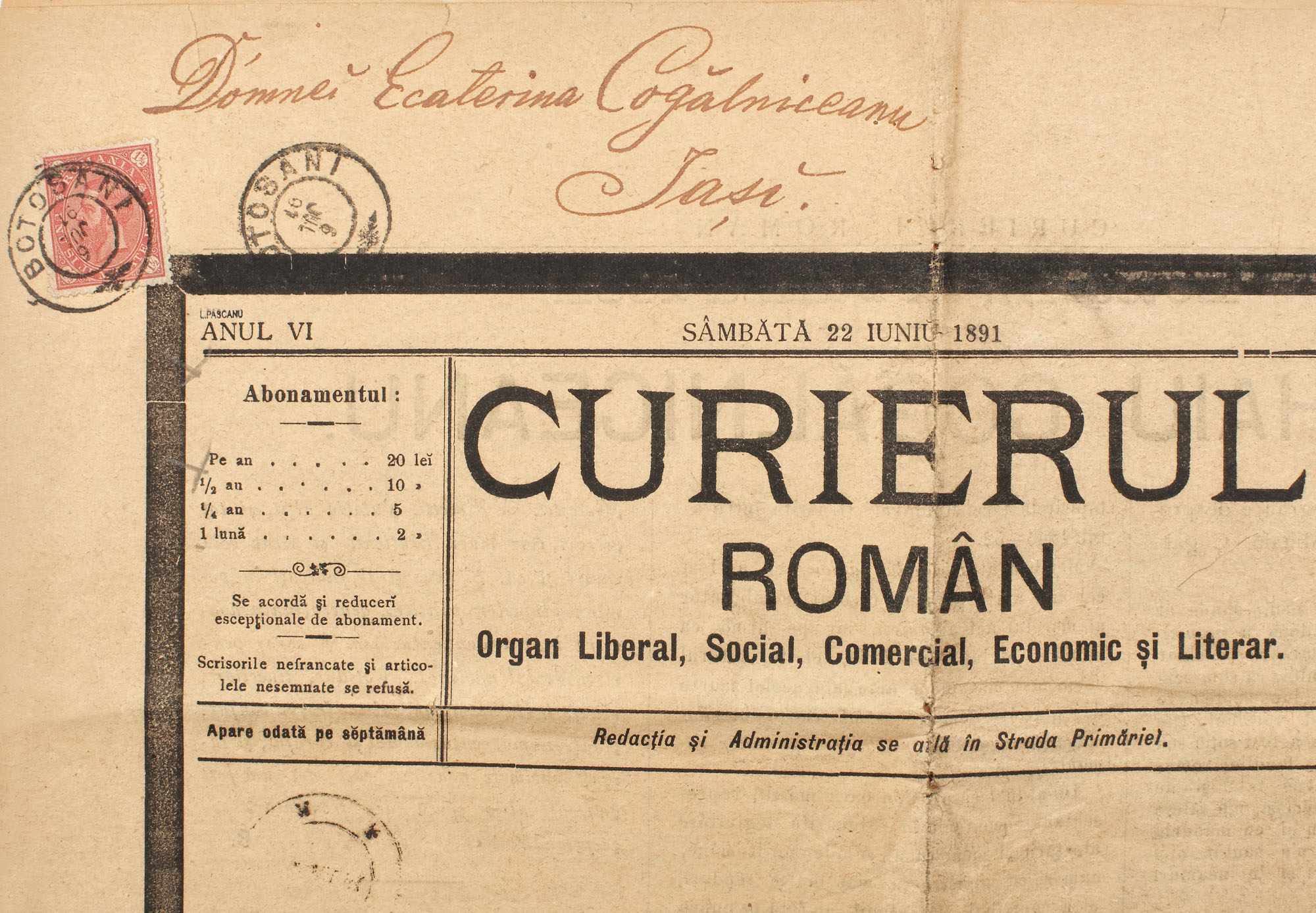 "Curierul Român" newspaper, franked with a "Carol - value in four corners" 1.5 bani stamp, sent on 22 June 1891 to Ecaterina Kogălniceanu, wife of Mihail Kogălniceanu