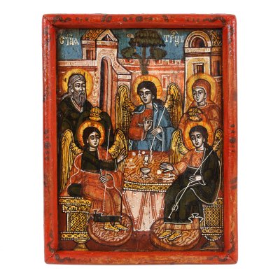 Icon on wood, "The Holy Trinity (The Supper at Mamvri)", painted frame, Wallachia, post-Brâncovenesc school, second half of the 18th century, from collection