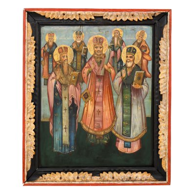 "Imperial Icon on Wood, 'The Three Holy Hierarchs (Basil the Great, John Chrysostom and Gregory), Saint Hierarch Modest, Saint Hierarch Haralambie and Saint Hierarch Spiridon', Romanian School, first half of the 19th century"