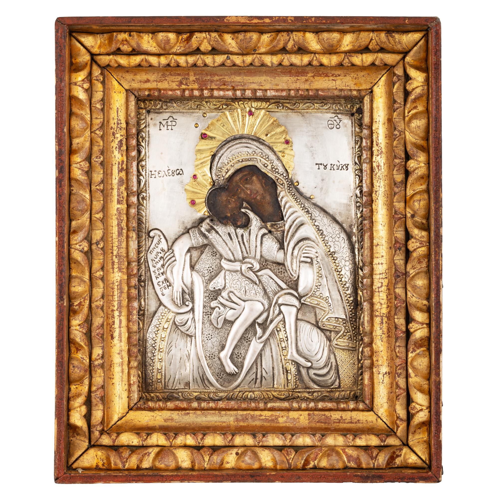 Icon on wood, with silver trim, "The Mother of God with the Infant (Eleusa)", Greek school, second half of the 18th century, rare, collectible piece