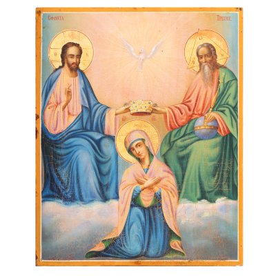Icon on wood, "Holy Trinity (Coronation of the Virgin)", School of Căldărușani, middle decades of the 19th century, collector's item