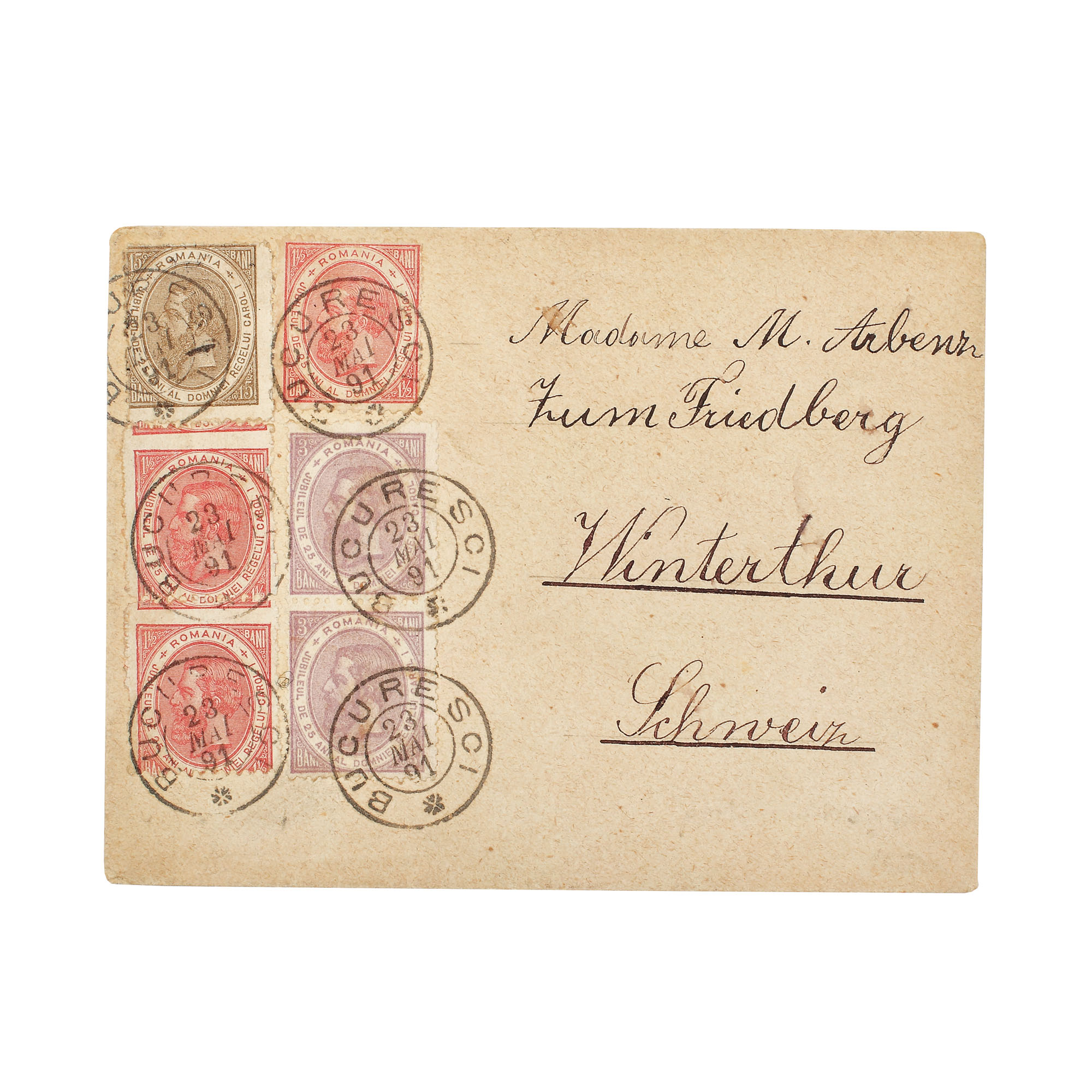 Envelope franked with six "25 Years of Rule of Carol I" stamps, 25 bani each, sent from Bucharest to Winterthur, Germany