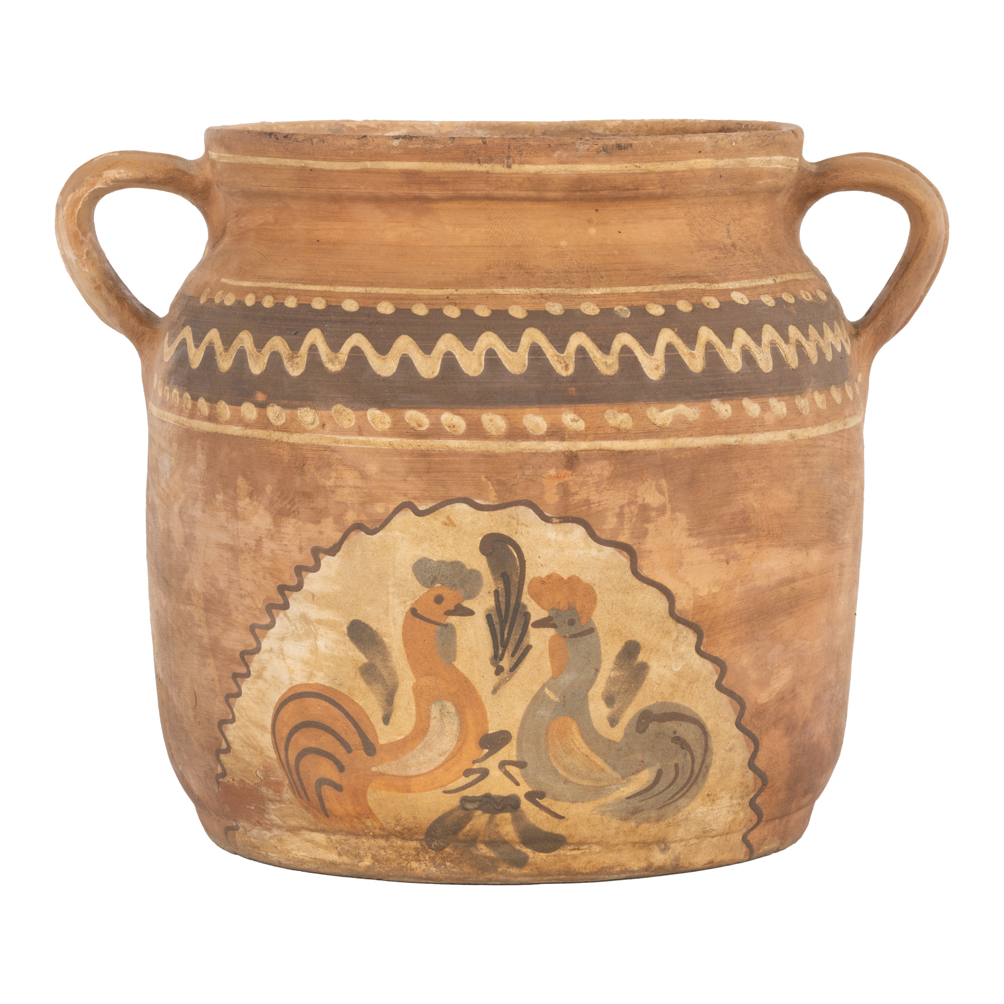 Pot with Handles (for stuffed cabbage rolls), Decorated with two confronted roosters, Transylvania, late 19th-early 20th century