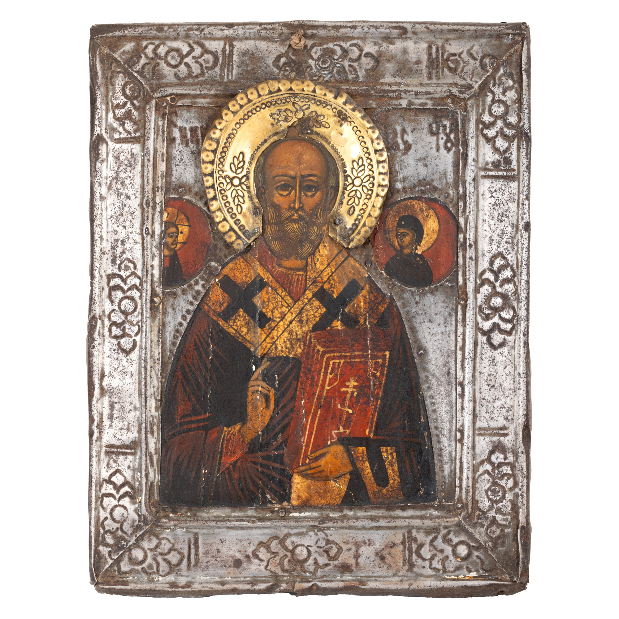 Icon on wood, with incision, "Saint Nicholas", Russian school (Kholui), mid 19th century