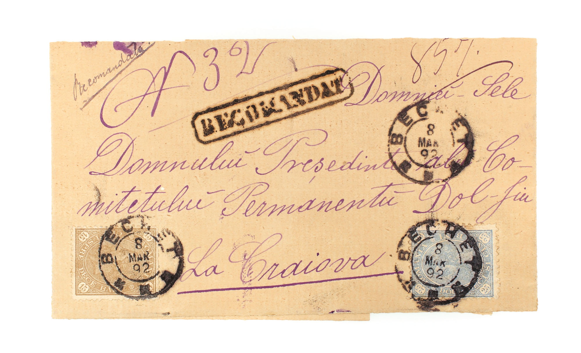 Envelope franked with two "Carol - value in four corners" stamps, 15 and 25 bani, sent from Bechet to Craiova, 8 March 1892