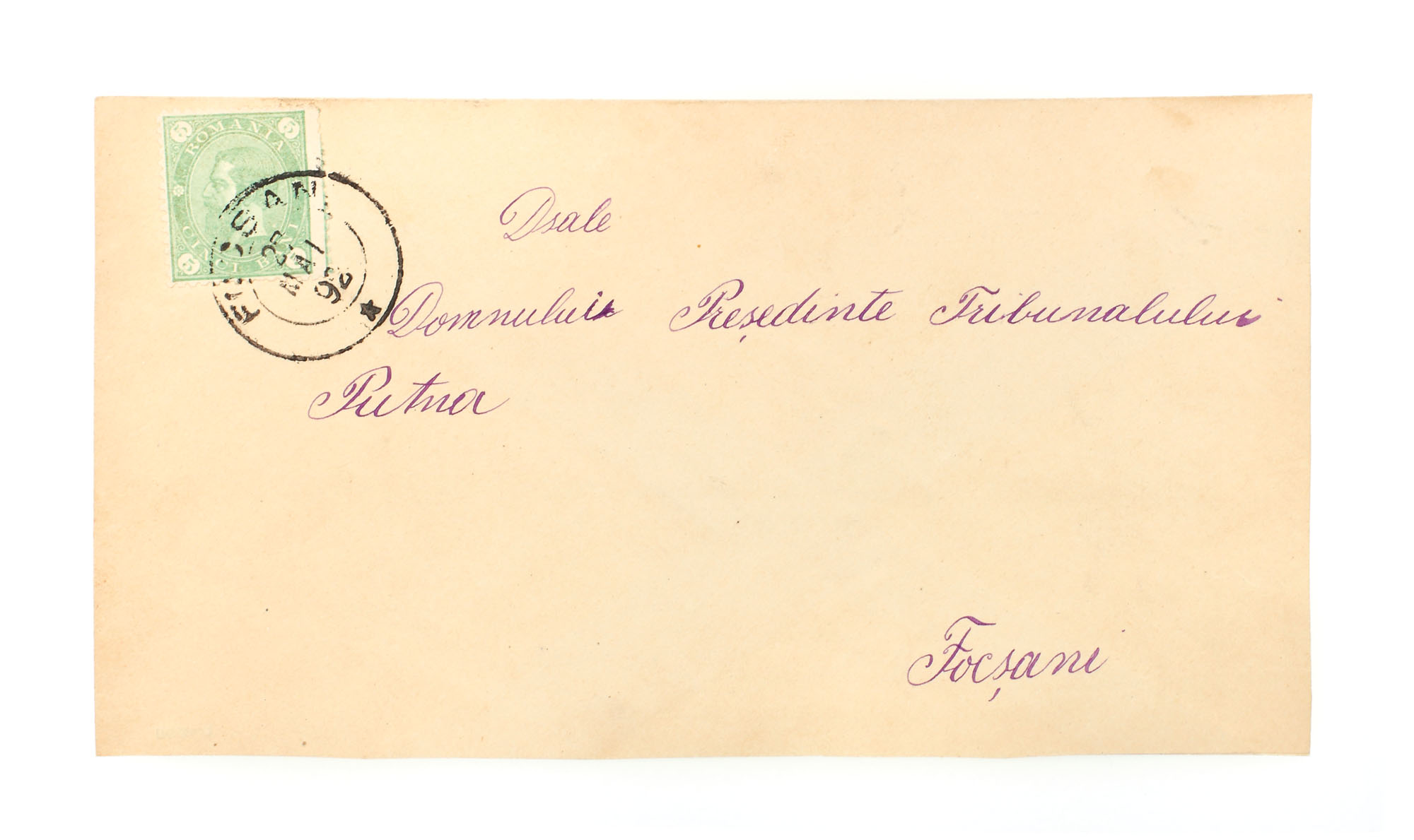 Envelope franked with a "Carol - value in four corners" 5 bani stamp, sent from Focşani to Putna, 27 May 1892