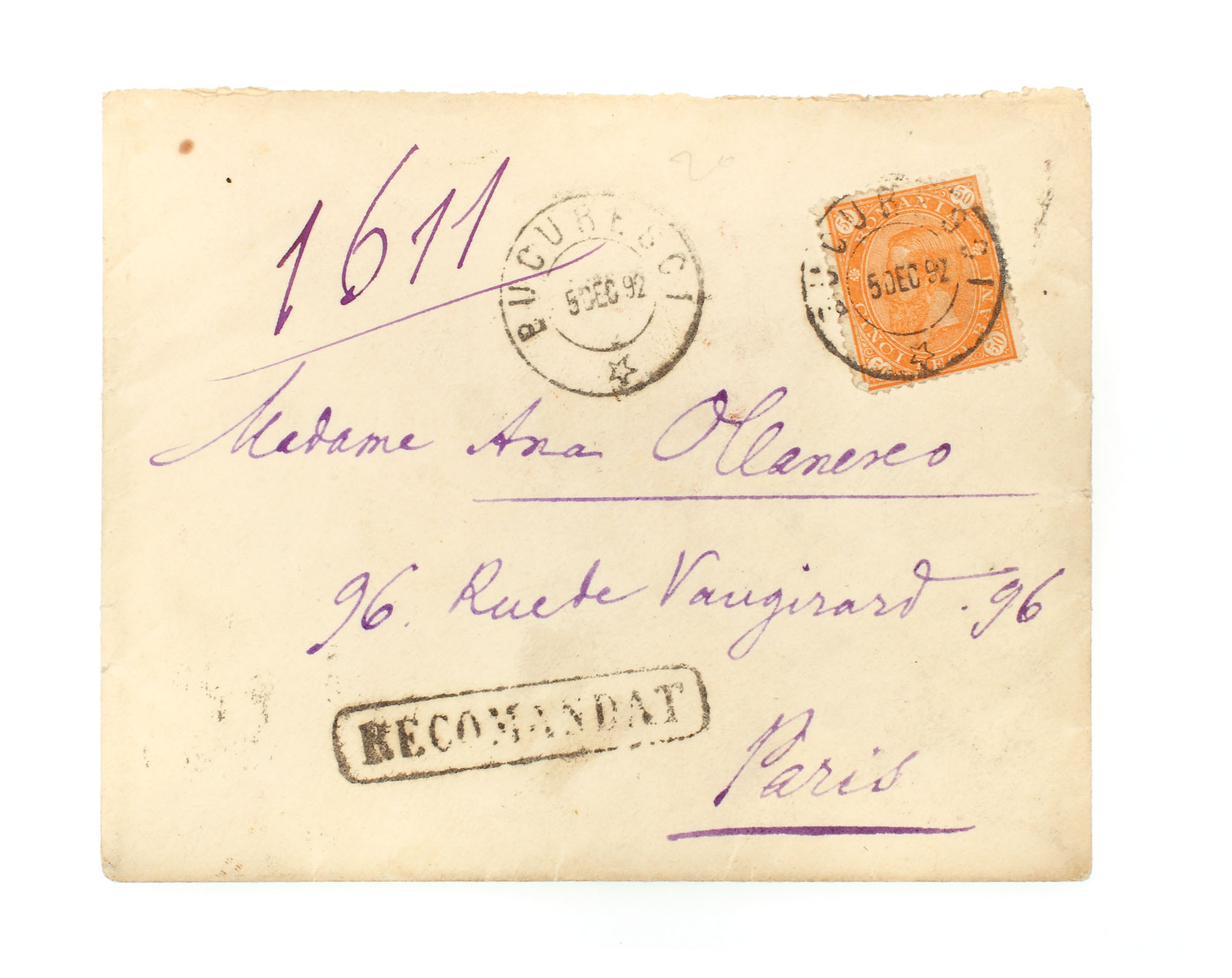 Envelope franked with a "Carol - value in four corners" 50 bani stamp, sent from Bucharest to Paris, 5 December 1892