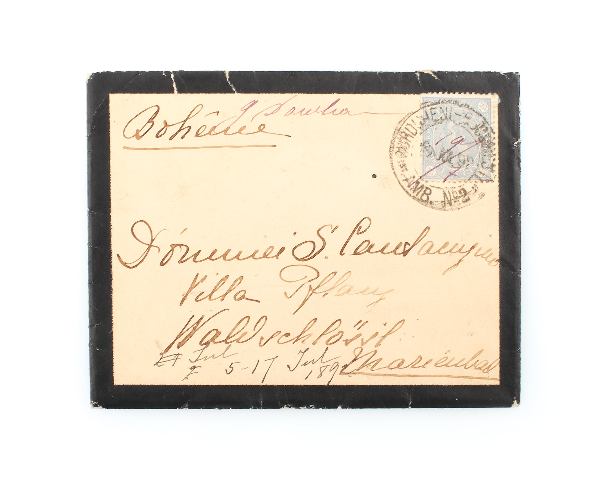 Envelope franked with a "Carol - value in four corners" 25 bani stamp, sent from Burduieni to Marienbad, 19 July 1892