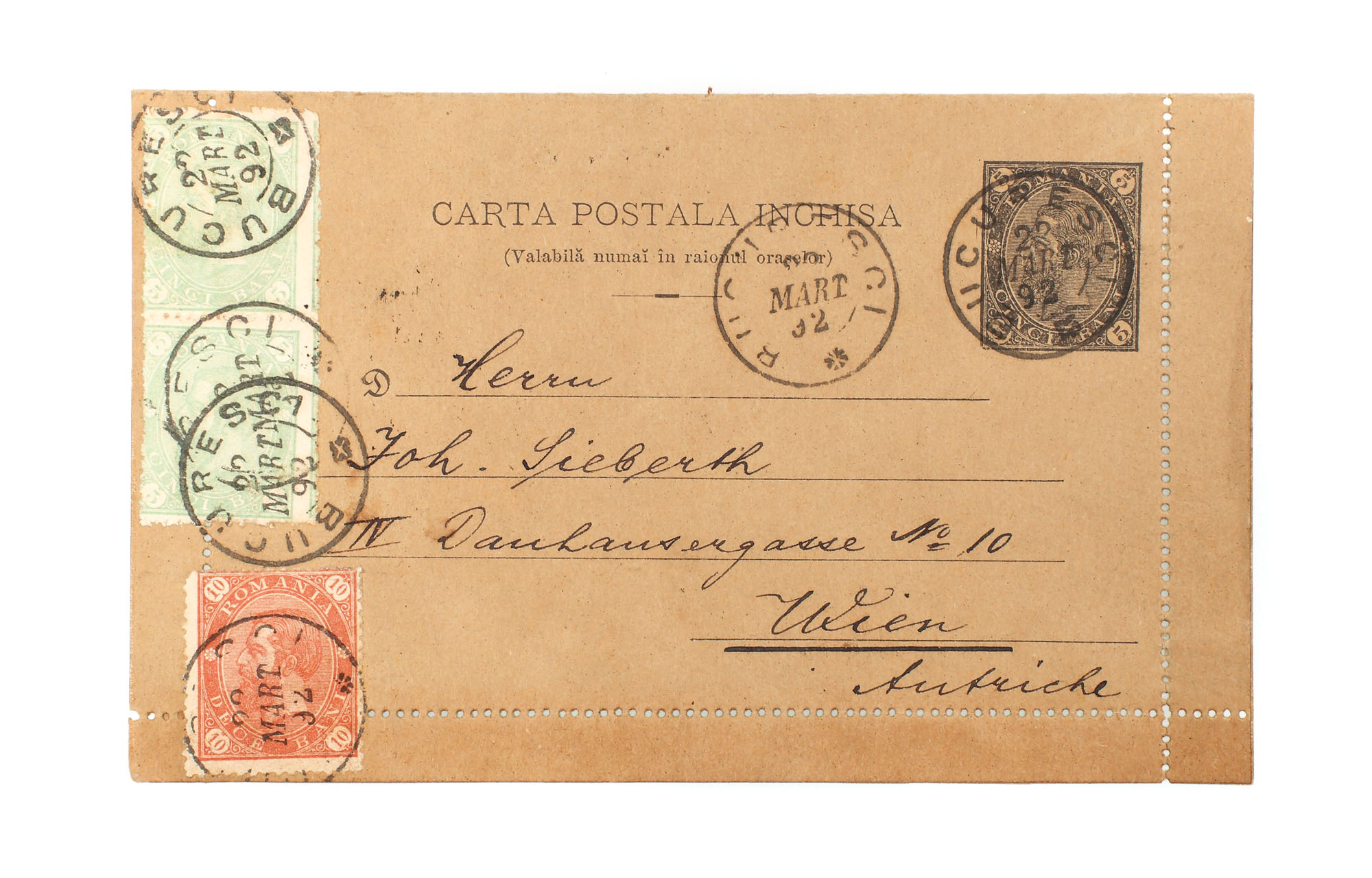 Postcard franked with four "Carol - value in four corners" stamps, 5 and 10 bani, sent from Bucharest to Vienna, 24 March 1892