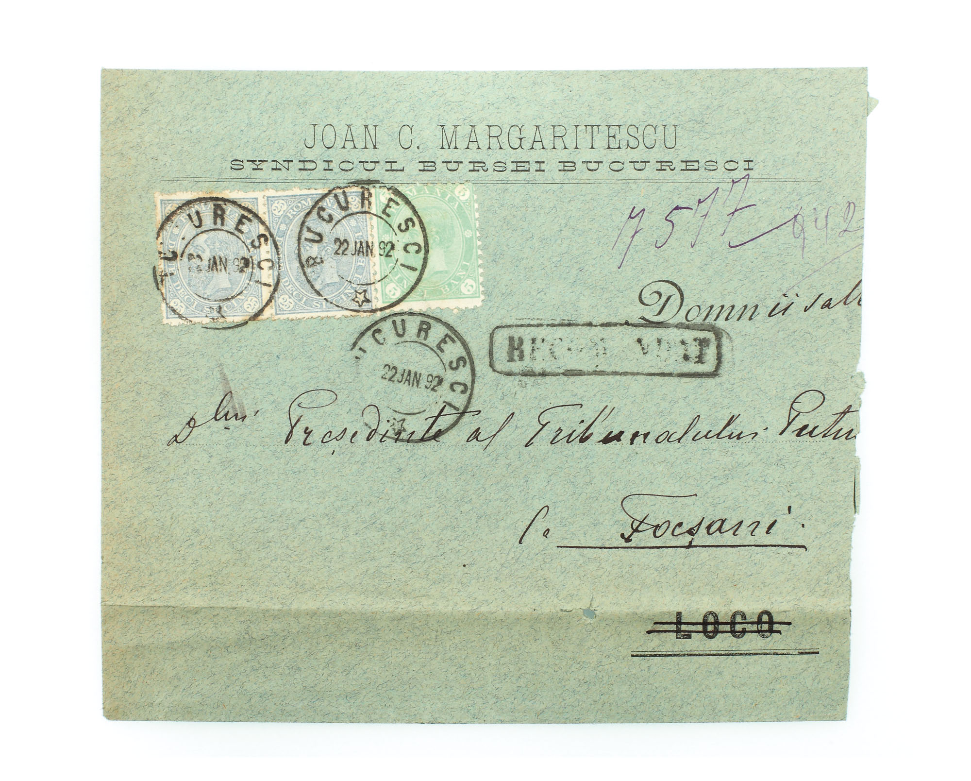 Envelope franked with three "Carol - value in four corners" stamps, 5 and 25 bani, sent from Bucharest to Focșani, 22 November 1892