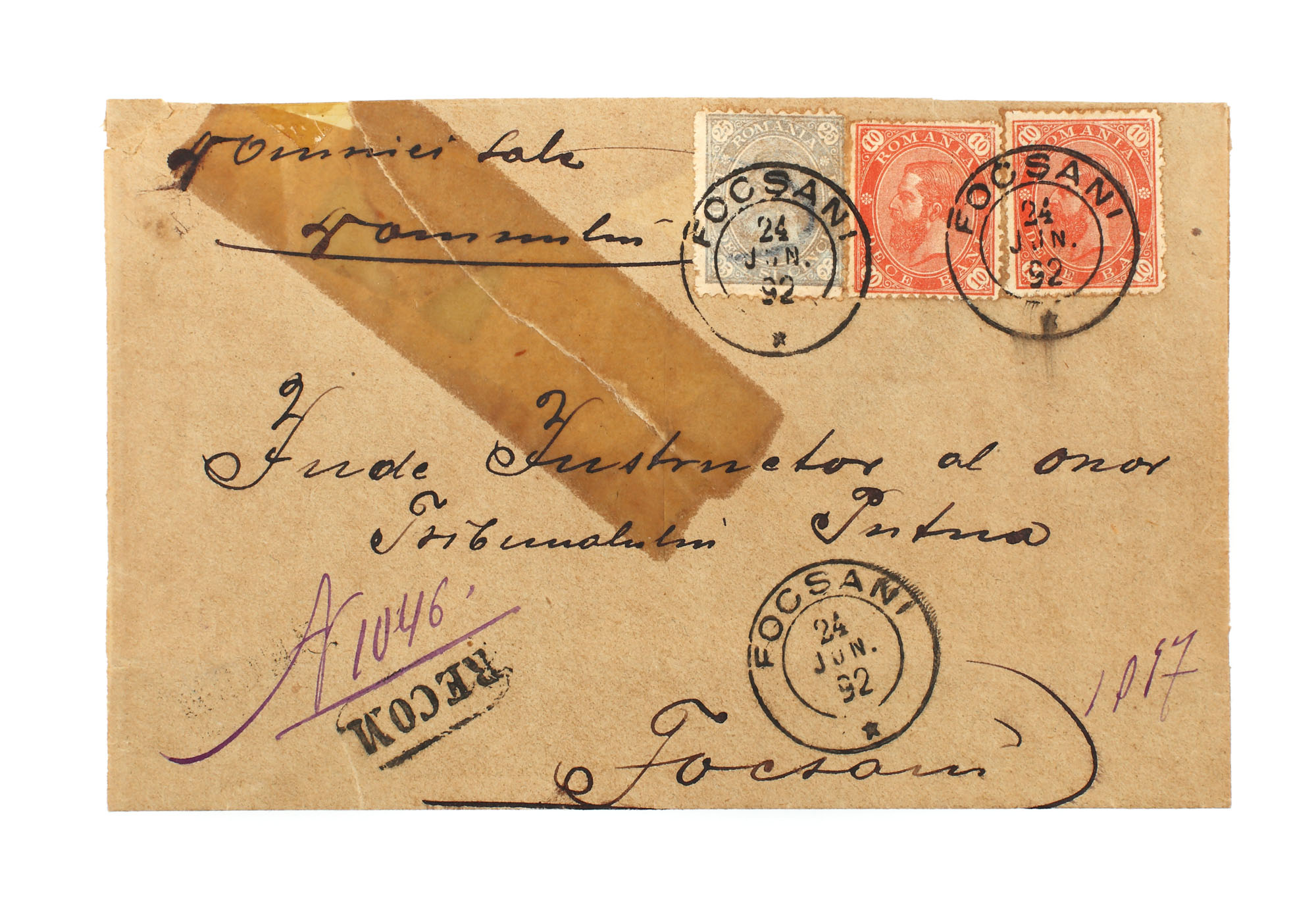 Envelope franked with three "Carol - value in four corners" stamps, 10 and 25 bani, sent from Focșani to Putna, 24 June 1892
